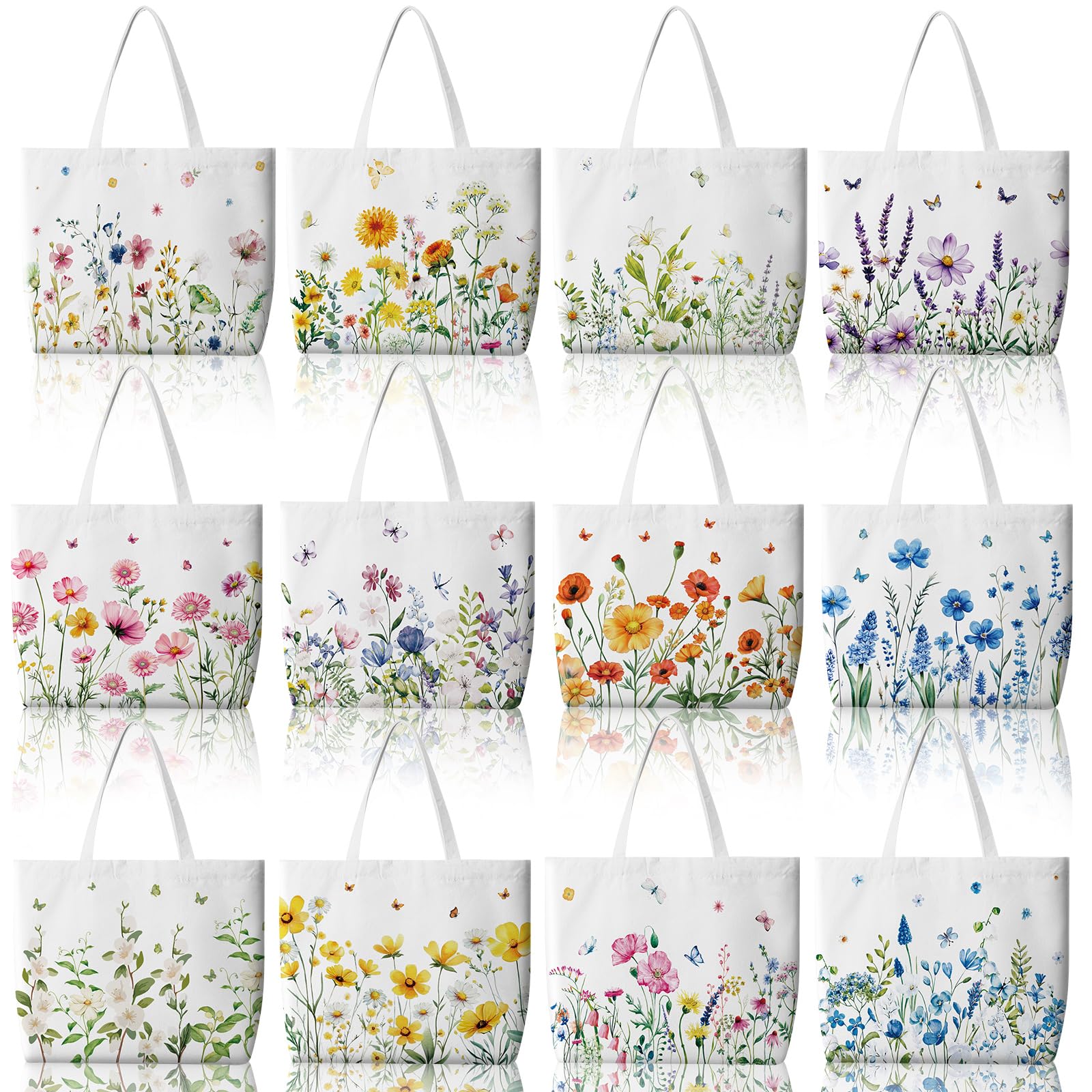Bencailor 12 x Blumen-Tragetaschen, Leinen, Geschenktüten, wiederverwendbar, ästhetische Wildblumen, Einkaufen, Lebensmittelhandtaschen für Damen, Teeparty-Geschenke