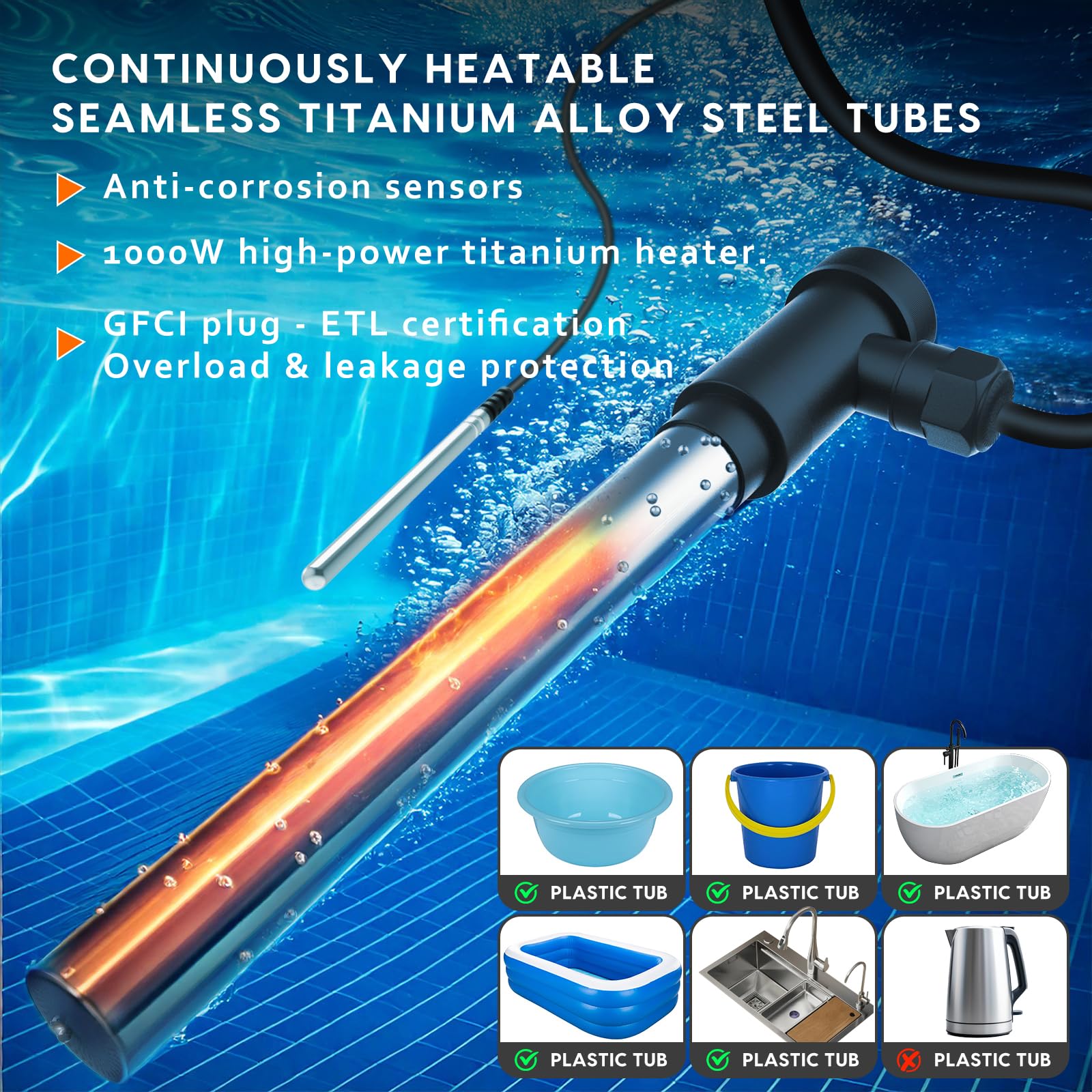 1000W Immersion Water Heater – Portable Electric Heater For Hot Tubs, Bathtubs, Pools, With Thermostat & GFCI Protection, 304 Stainless Steel