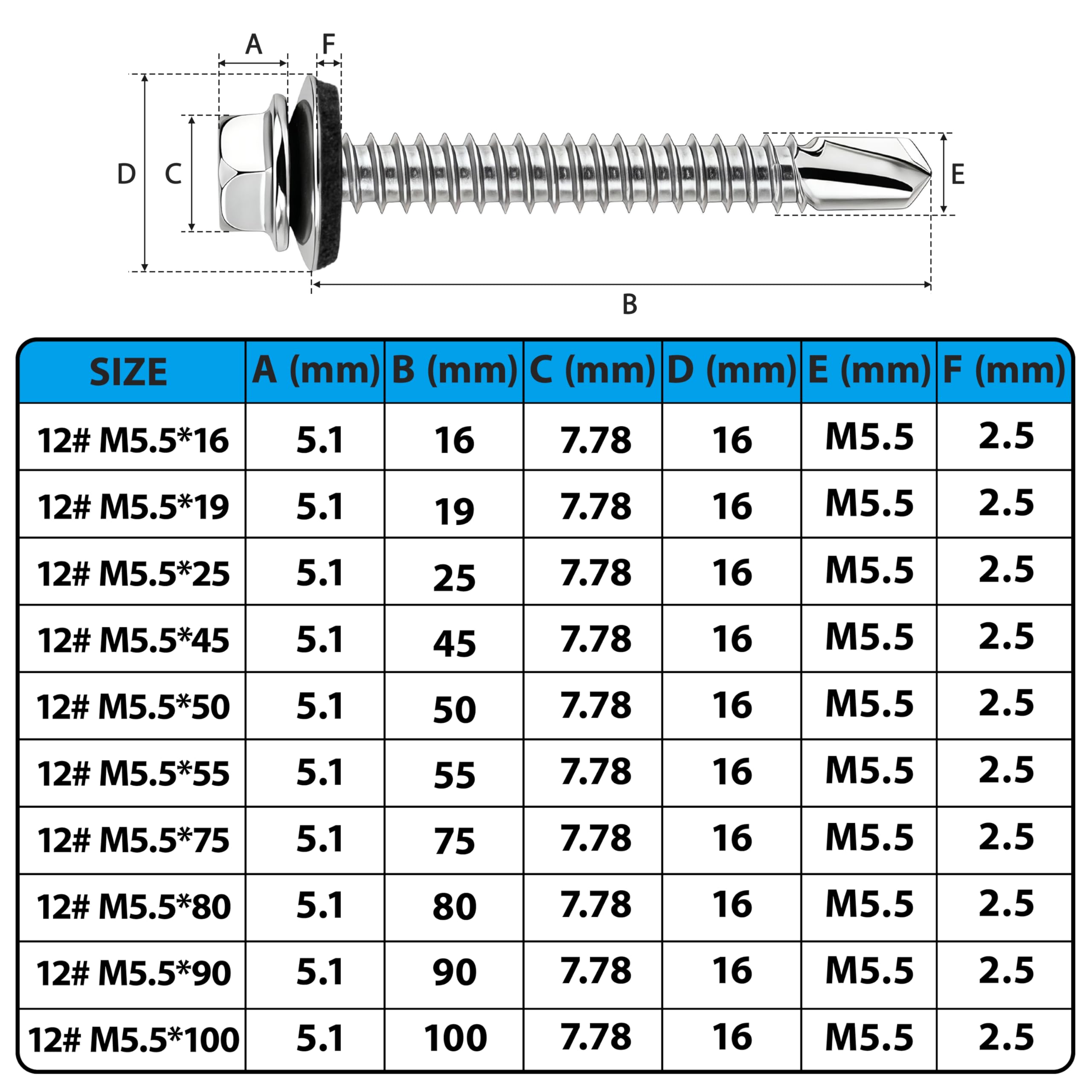 Tornillos Autoperforantes para Tejado y Chapa 5,5x90 mm, Inox 304, 100 Pcs