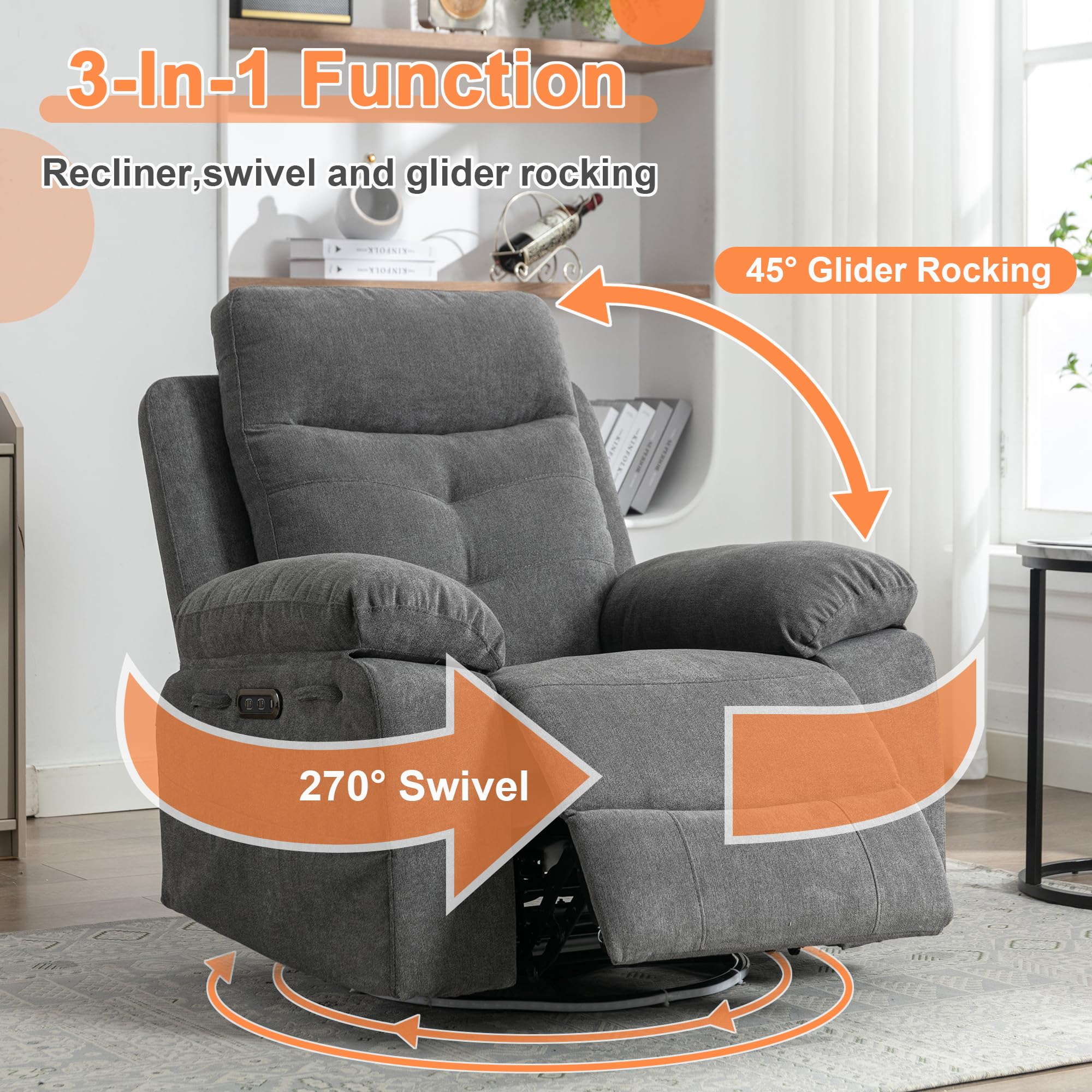 AnoYishev Power Recliner Chair, Modern Nursery Rocking Chair with USB and Type-C Ports, Comfy Gray Chairs with Bluetooth Speaker, LED Light & Side Storage Pockets, 270 Degree Swivel Accent Chair