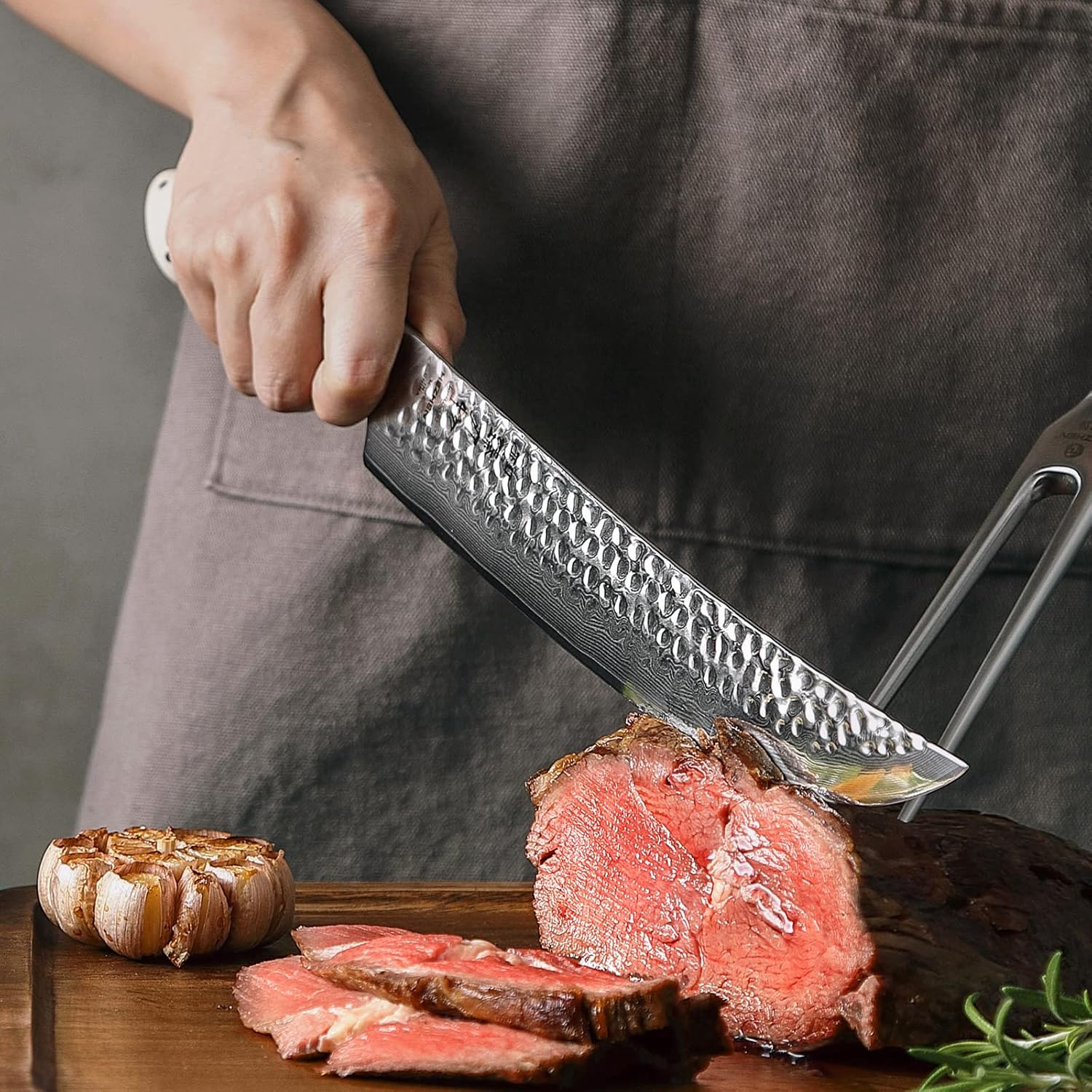 HEZHEN Damascus 10” Carving Knife, 67 Layers Damascus Steel Meat Knife,Barbecue Slicing Roasts Meats BBQ Turkey Poultry, Ivory White G10 Handle