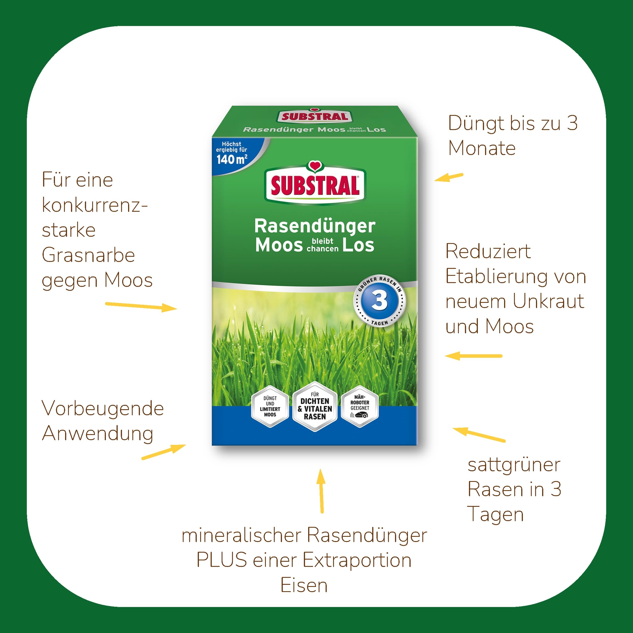 Substral Moos - Fertilizzante per prato, 4,2 kg, 140 m², chiusura rapida, con ferro extra per prato verde intenso e denso