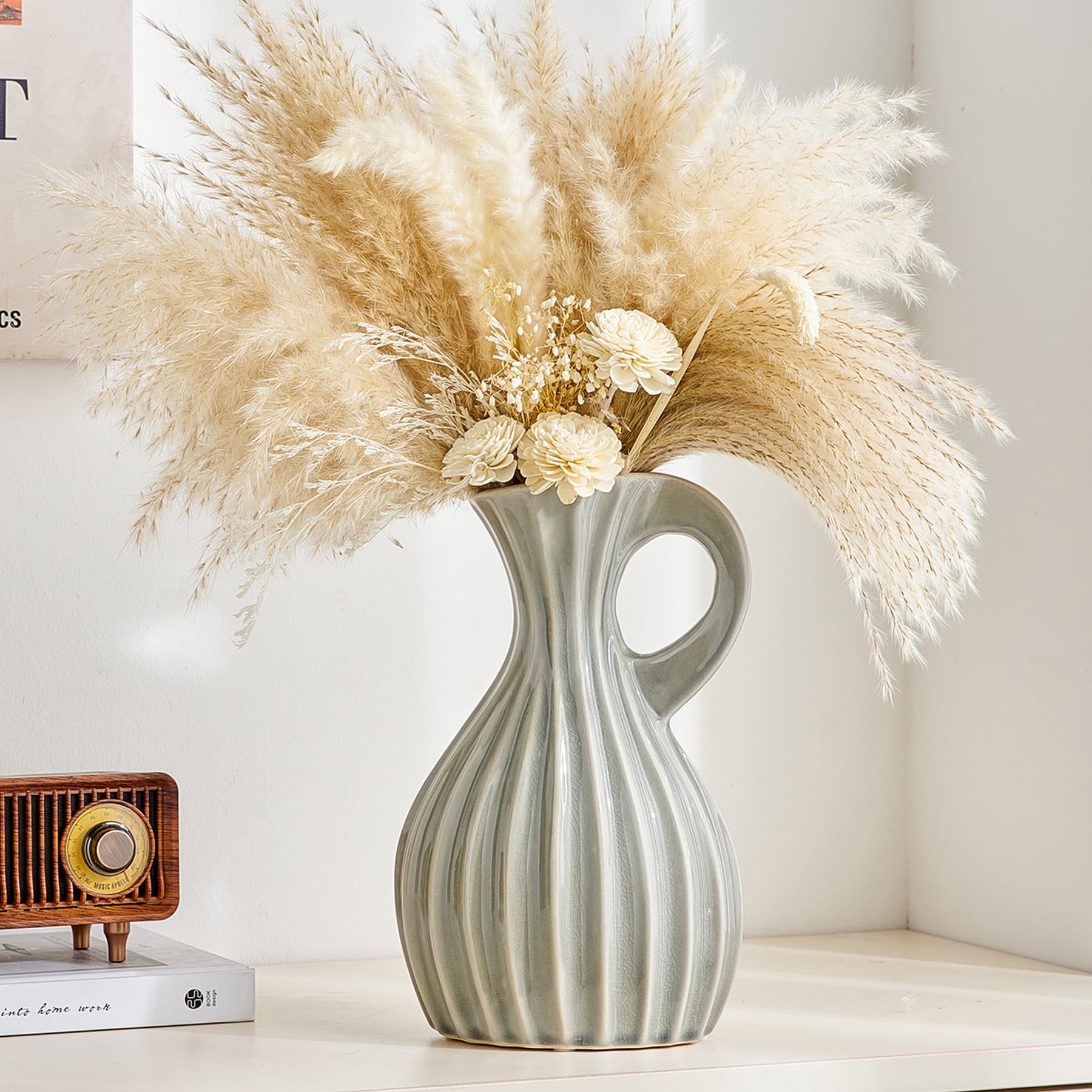 Octdays Modern Vase Home Decor: Grey Ceramic Pitcher Vase Decorative Jug Vases Ribbed Flower Vase for Table Centerpieces Kitchen Mantel Decoration (Large 10'')
