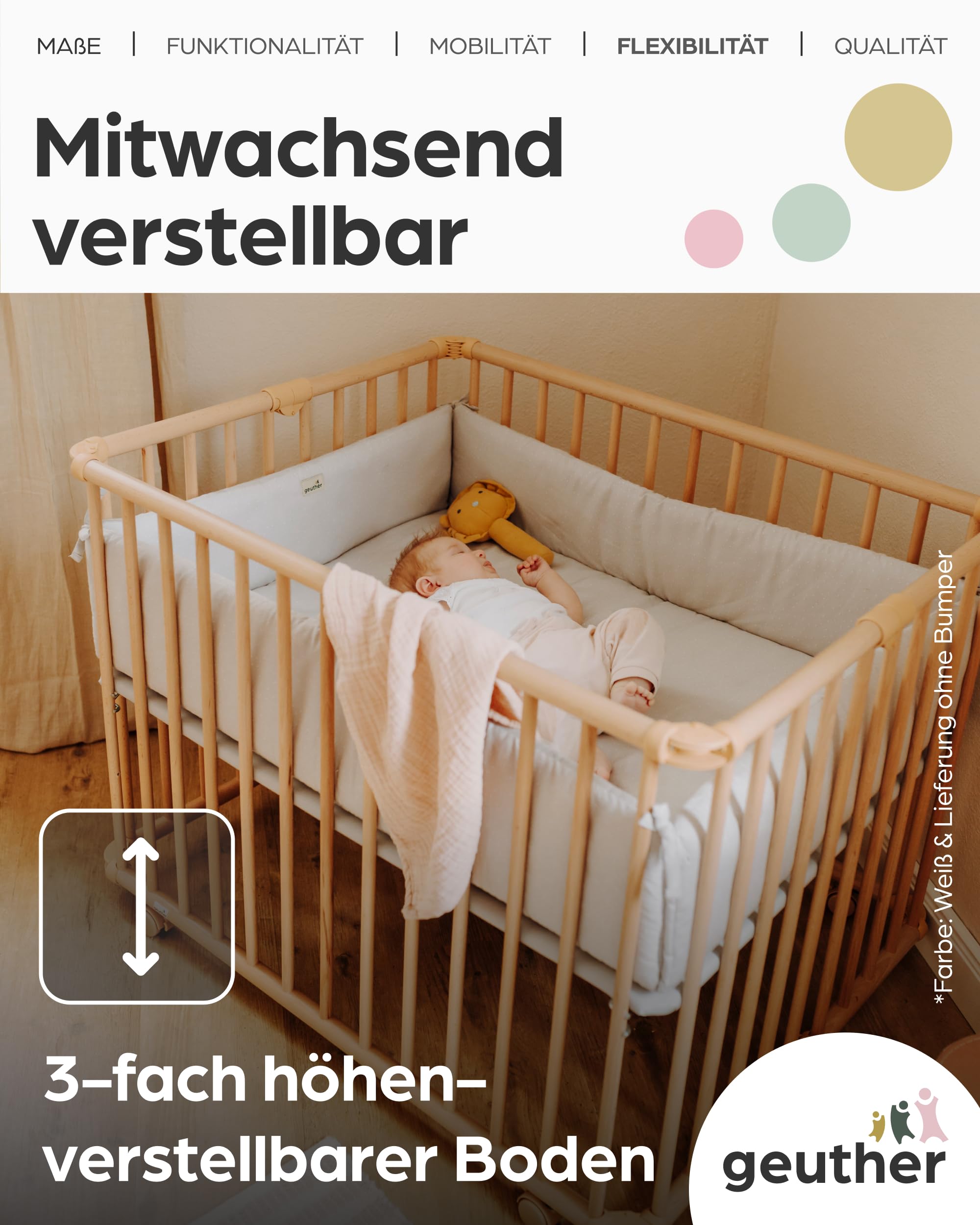 Geuther Laufstall Lucilee | Baby Laufgitter 76x97 cm aus Buchenholz – 3-fach höhenverstellbar ohne Werkzeug | TÜV Rheinland geprüft | klappbar & mobil auf Rollen | Made in Germany | Playpen Weiß