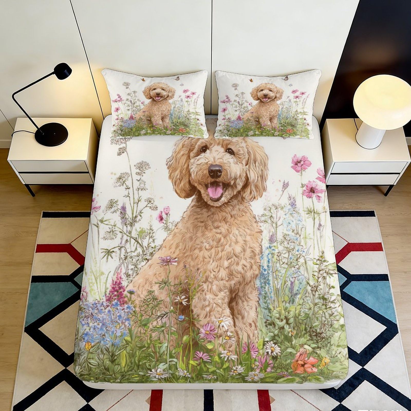 Jxqhbvmg Style-4 3D Printed Dog Floral Fitted Sheet Microfiber Deep Pocket Non-Slip Dog Flower Mattress Fitted Cover Washable Bedding 90X200x25cm
