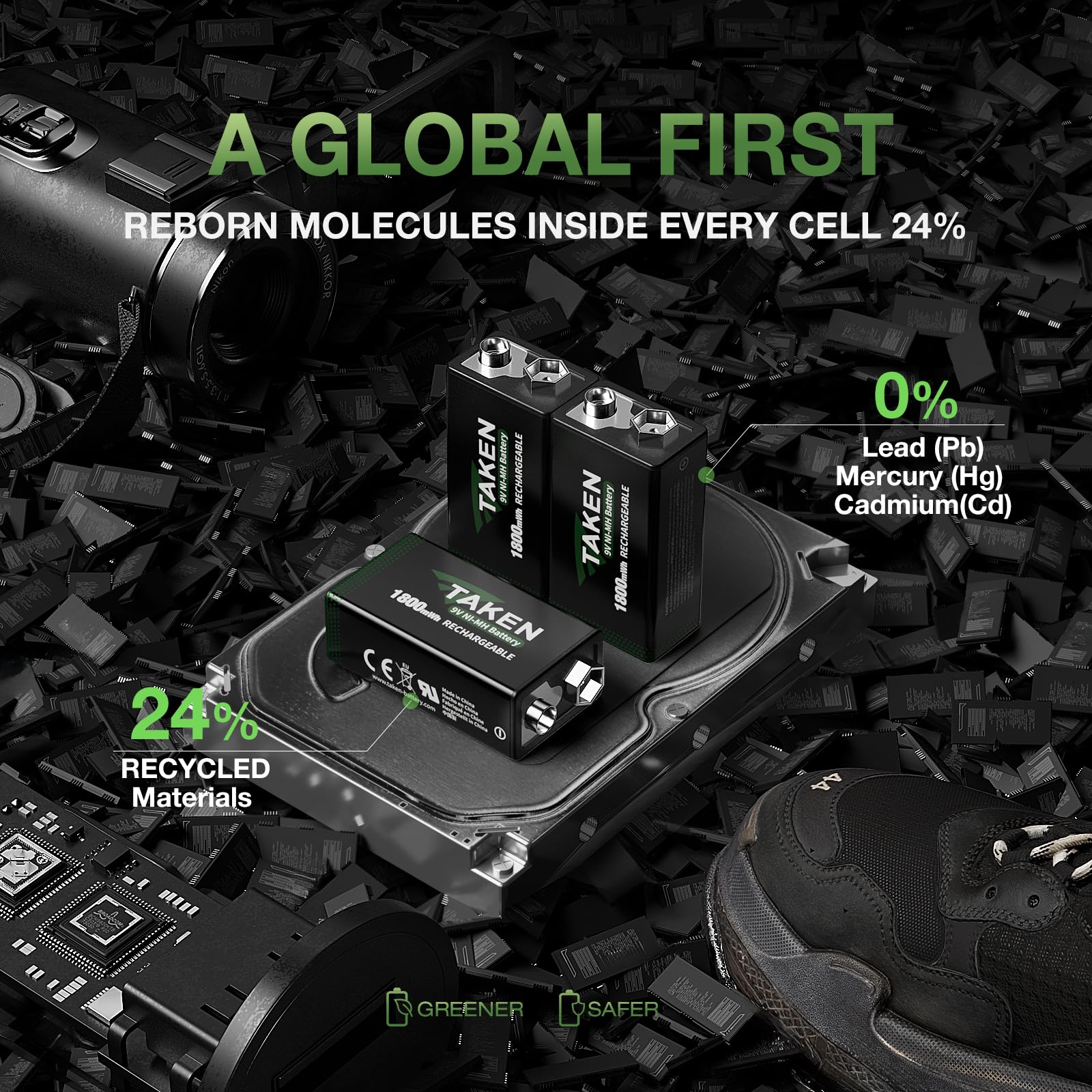 TAKEN Rechargeable 9v Batteries with Charger, High Capacity 4-Pack 1800mWh 9Volt NiMH Battery Made with 24% Recycled Content, 10 Year Shelf Life - for Smoke Alarms/CO Detectors, Electronics, and More