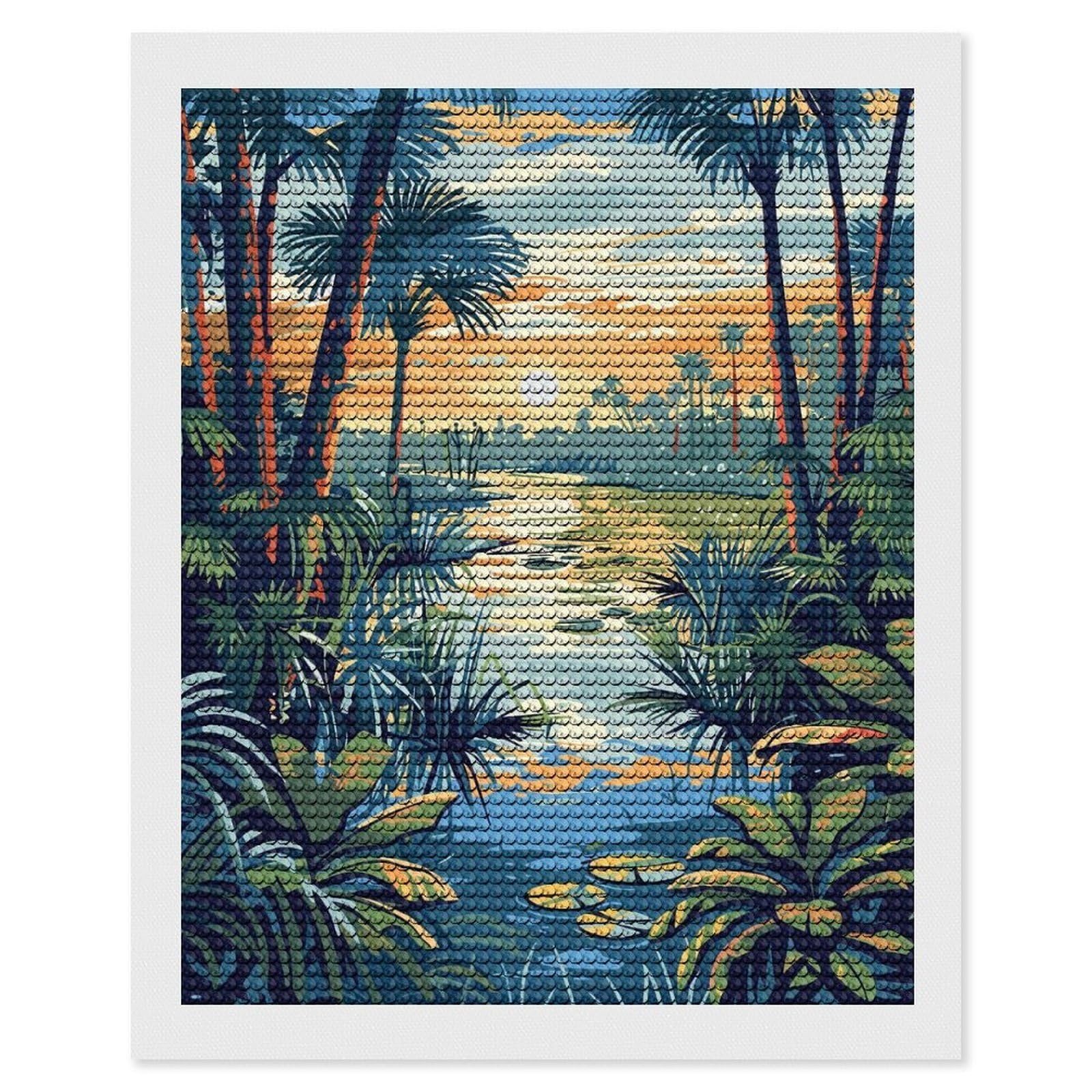 Junmoney Tropical River Landscape at Sunset Diamond Painting Canvas Set 16"x20", with Tool Kit, Easy to Enjoy, Home Wall Decor, Thoughtful Handmade Gift