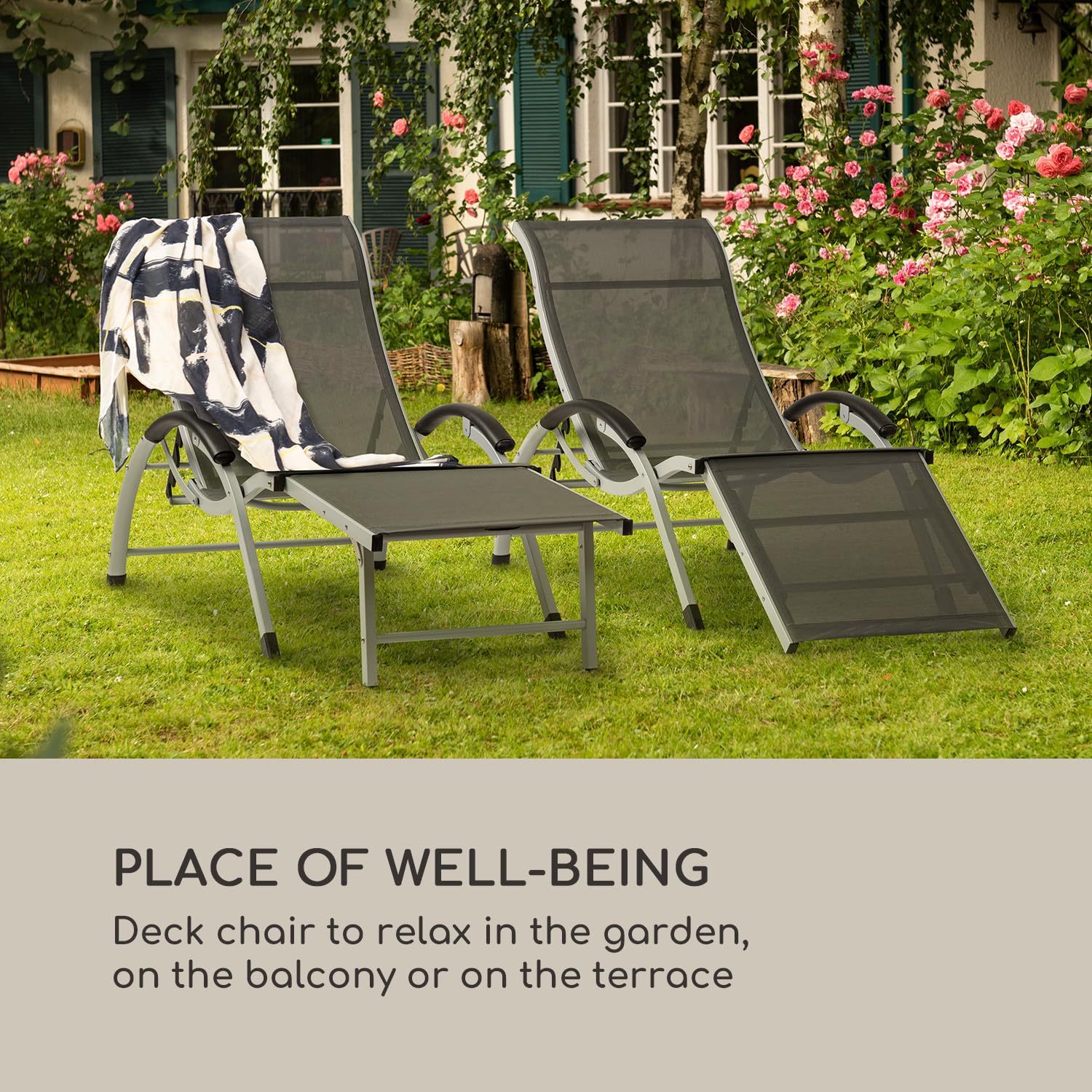 blumfeldt Sunnyvale Tumbona Hamaca de jardín, Respaldo Ajustable en 4 Posiciones, reposapiés Plegable, Superficie 174 x 51 cm, Material Repelente al Agua, PVC/Poliéster, Gris