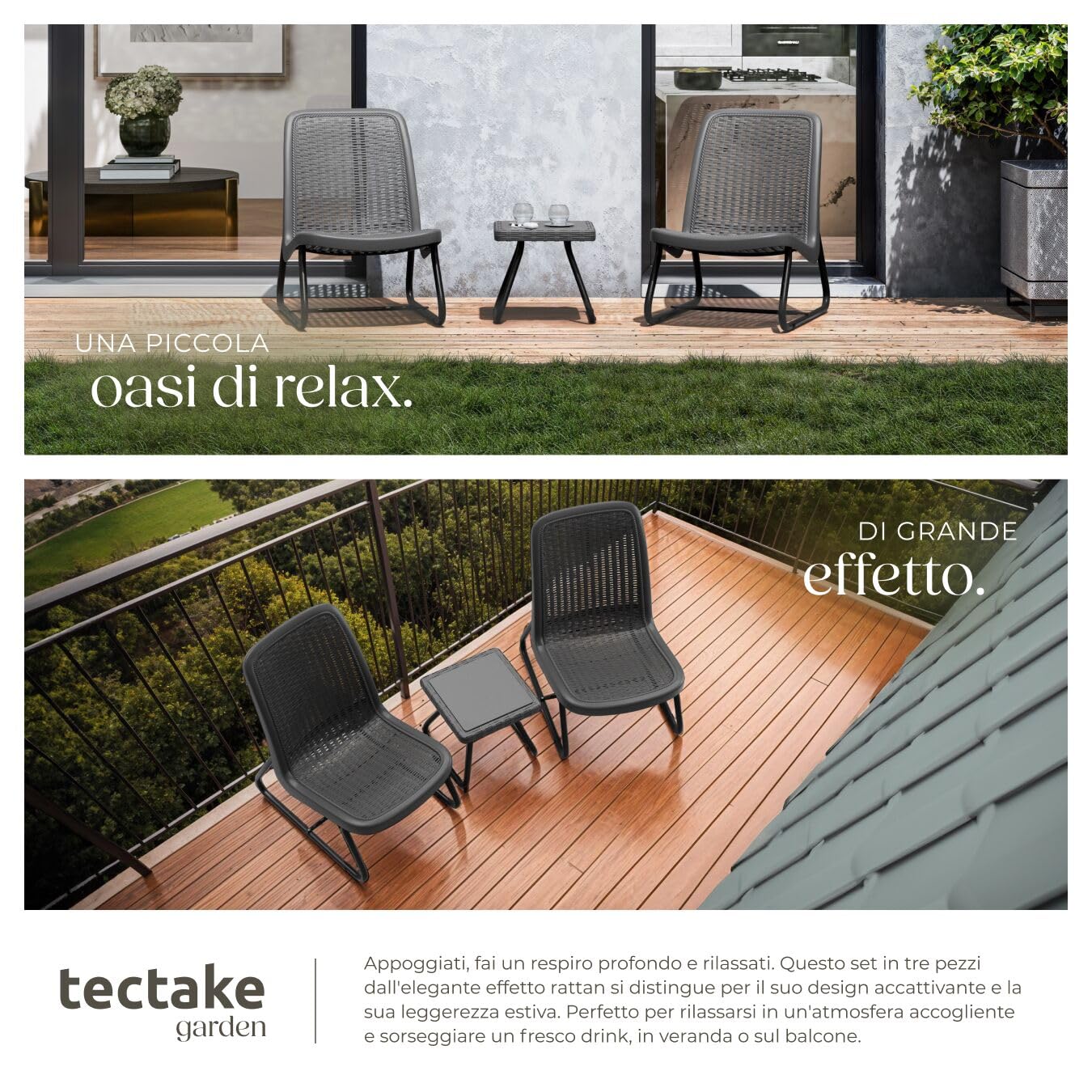 tectake® Salotto da Giardino in Rattan, Salotto da Giardino Esterno con Telaio in Acciaio, 1 Tavolino Salotto, 2 Sedie da Giardino con Schienali Ergonomici e Regolabili in Altezza - Grigio