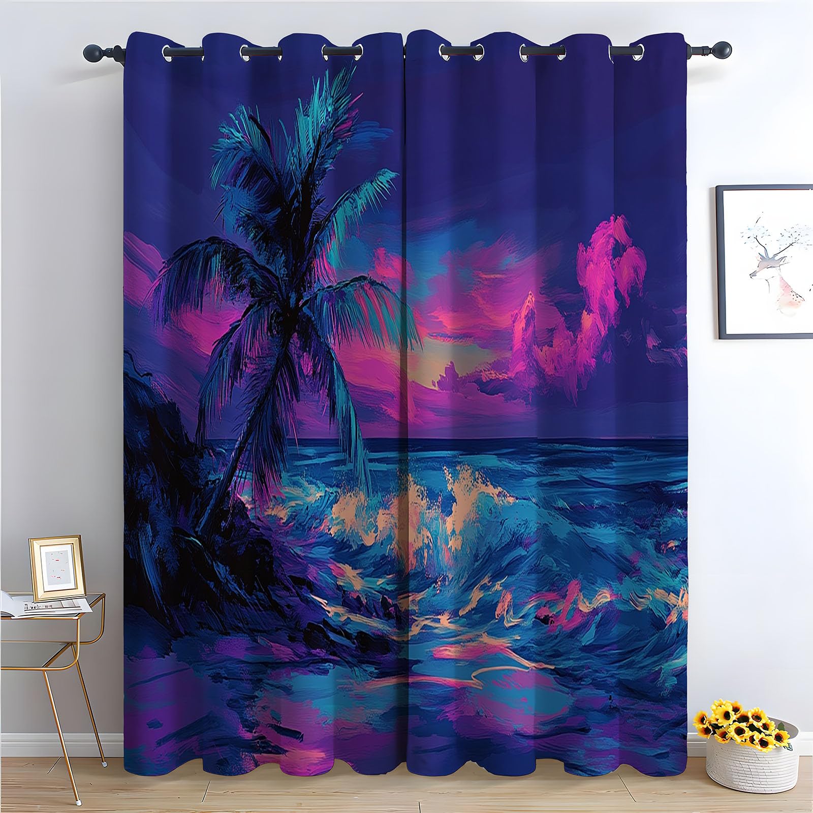 WIKEO Floral Curtains Soft Abstract Seascape pattern Thermal Insulated Blackout Curtain Botanical Flower Print Pattern Window Drapes for Bedroom Living Room-52 W x 96" L (Pack of 2)