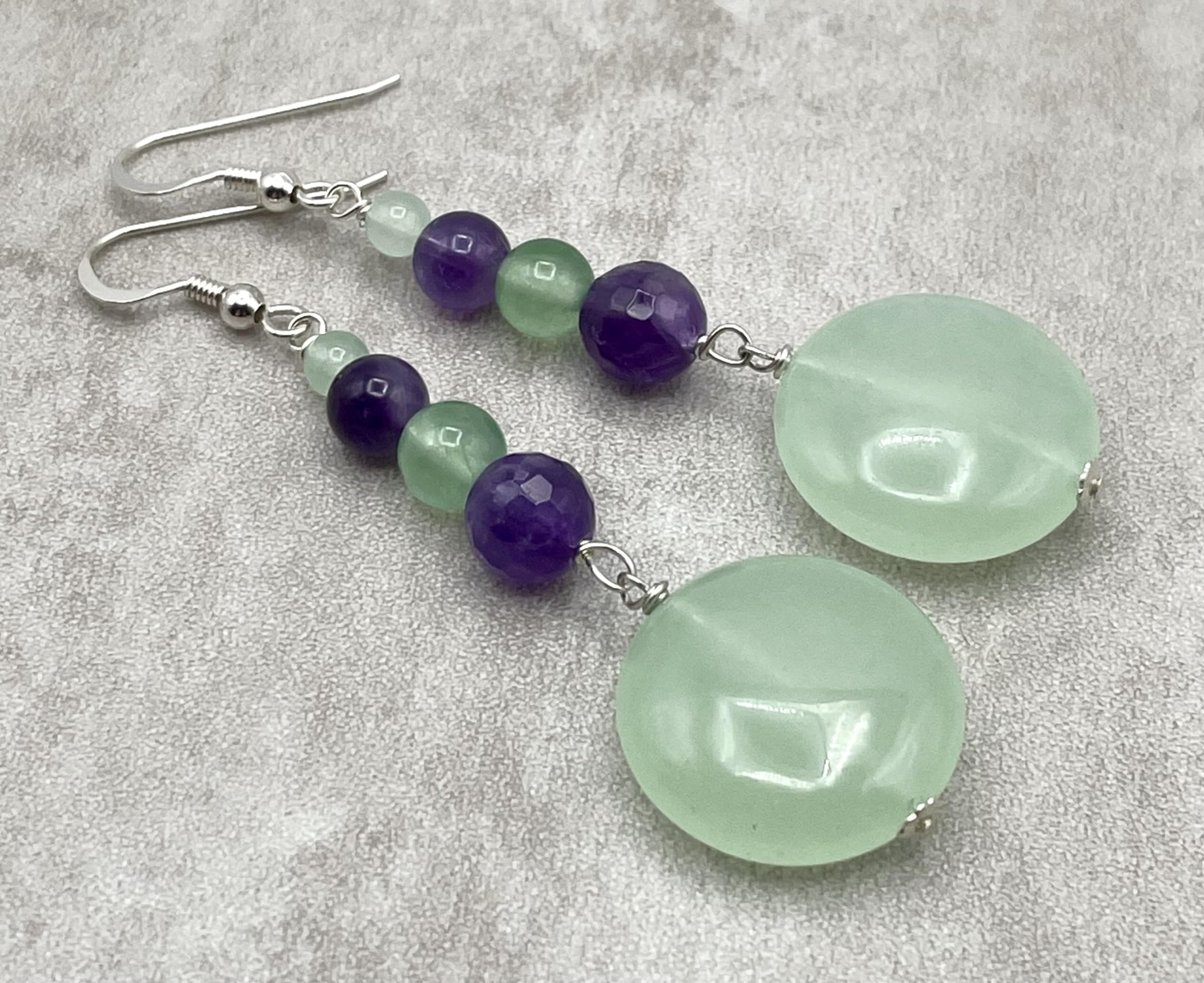 Orecchini Giada Verde e Ametista Viola, Pendenti in Argento 925, Gioielli Pietre Dure, Bijoux Estate, Regalo per Lei