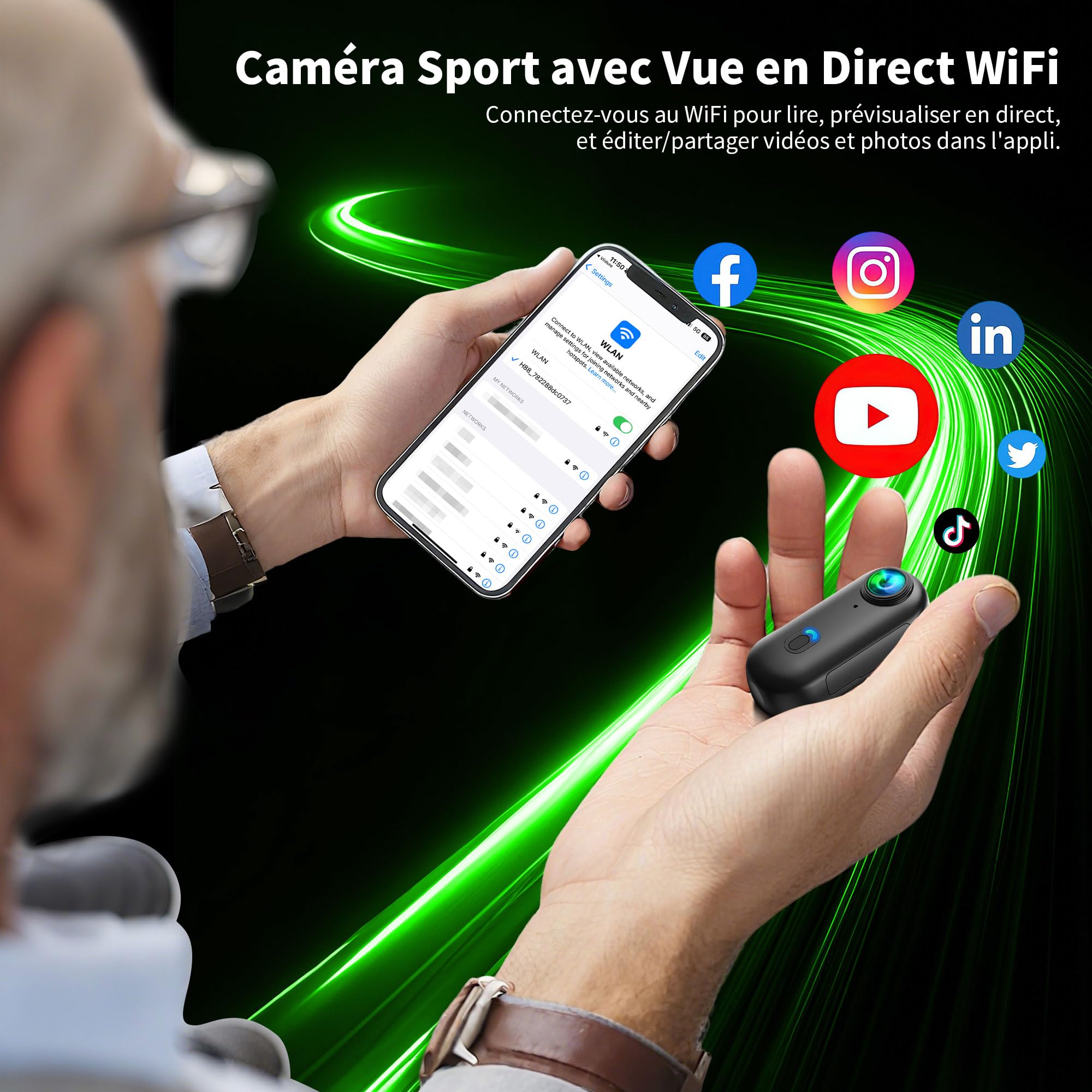 Mini Caméra Sport 4K, Mini Caméra d'action WiFi, Camera Vlog | Mini Action Cam Portable avec Angle 120°, Caméra POV, 360° Bodycam, Caméra Casque pour Vélo, Accessoires Multifonctionnels