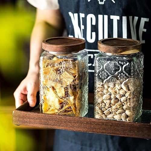 Miniatura 5 de Aurfedes Tarro de almacenamiento sellado de vidrio vintage con tapa de madera sellada, recipiente de almacenamiento de alimentos de vidrio para