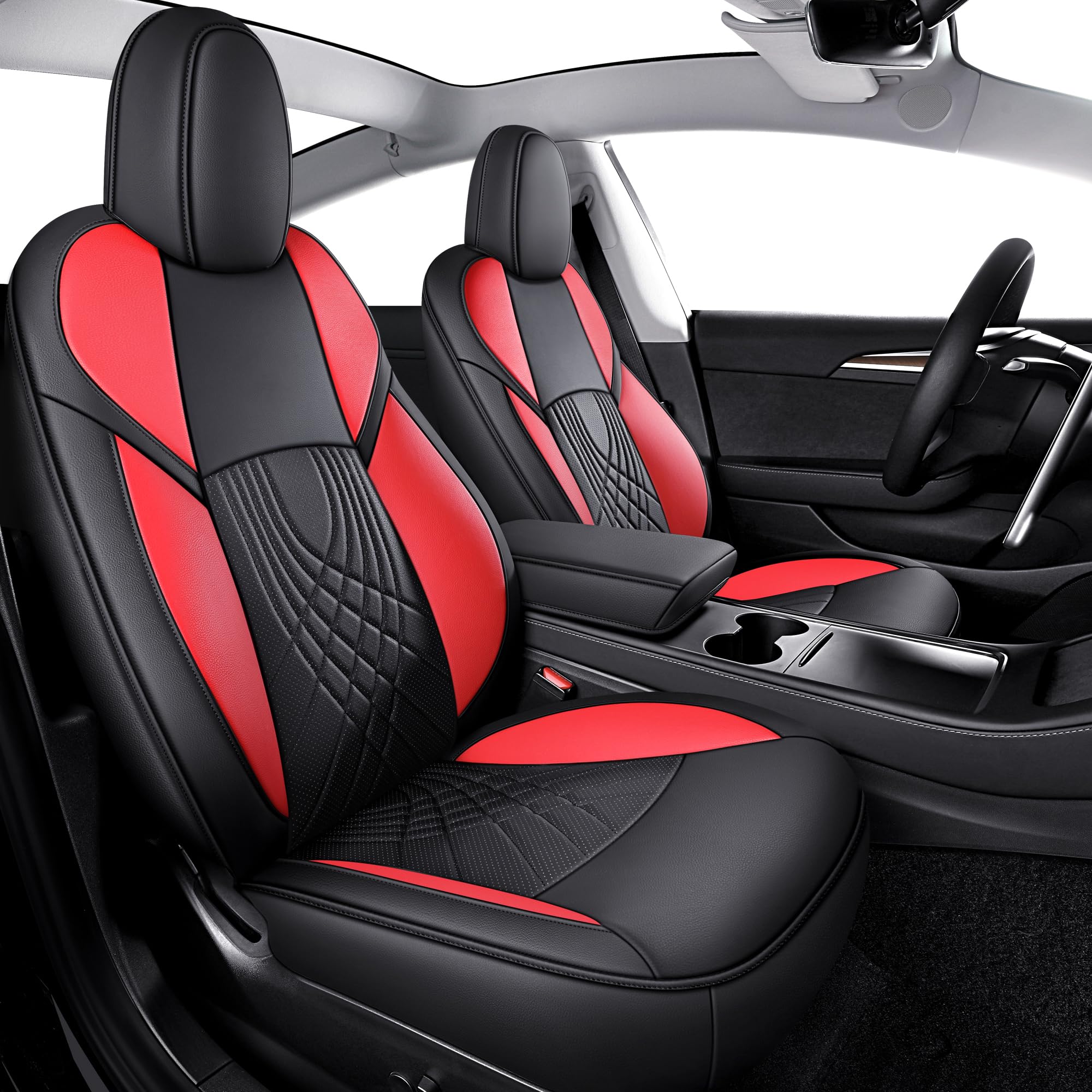 LUCKYMAN CLUB Tesla Seat Covers, fit for 2020-2023 Model Y with Water Proof Faux Leather(Model Y Full Set, Black&Red)