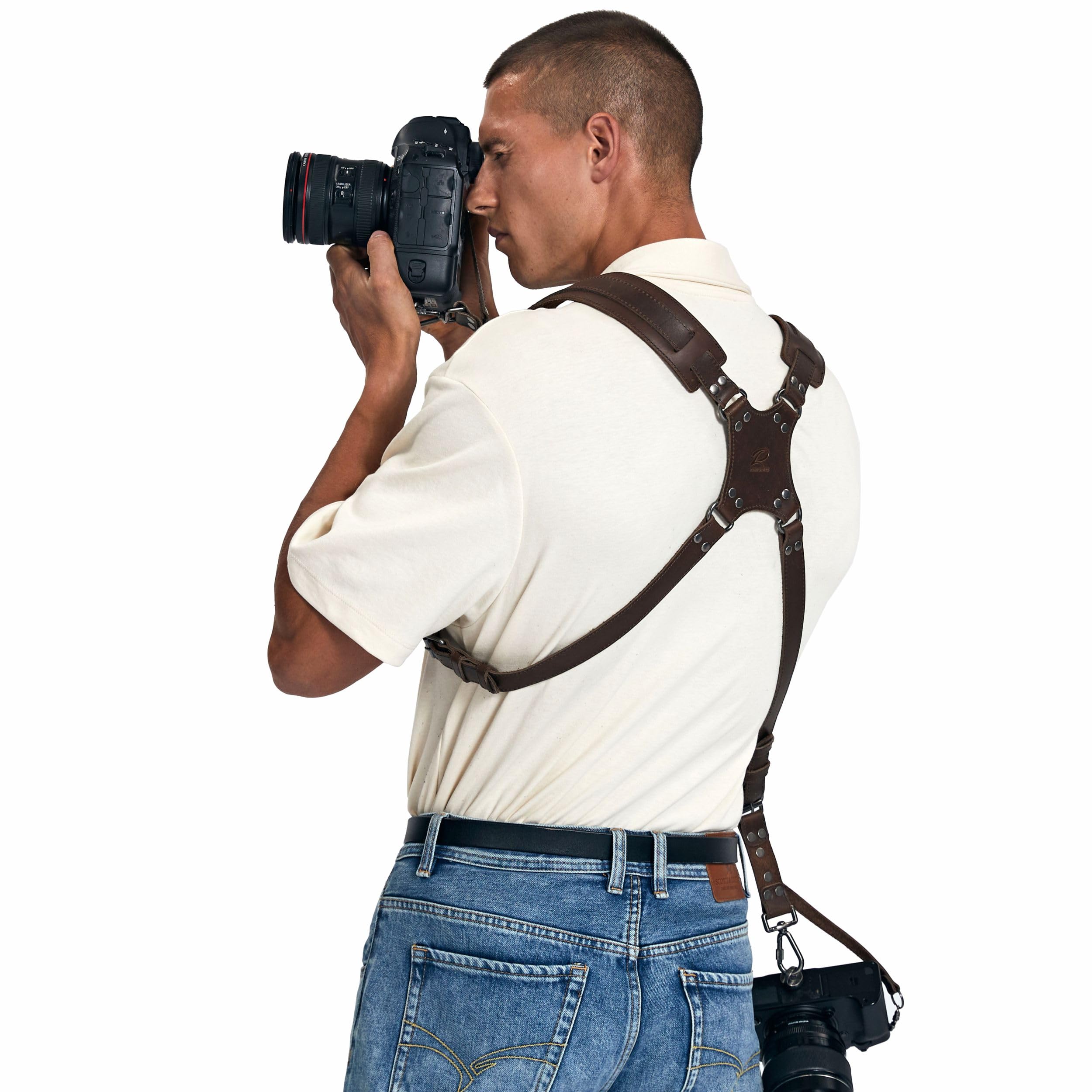 Padwa Lifestyle Doppia cinghia per fotocamera per due fotocamere, doppia tracolla in pelle pieno fiore, attrezzatura multi doppia fotocamera per DSLR/SLR, doppia imbracatura per fotocamera per