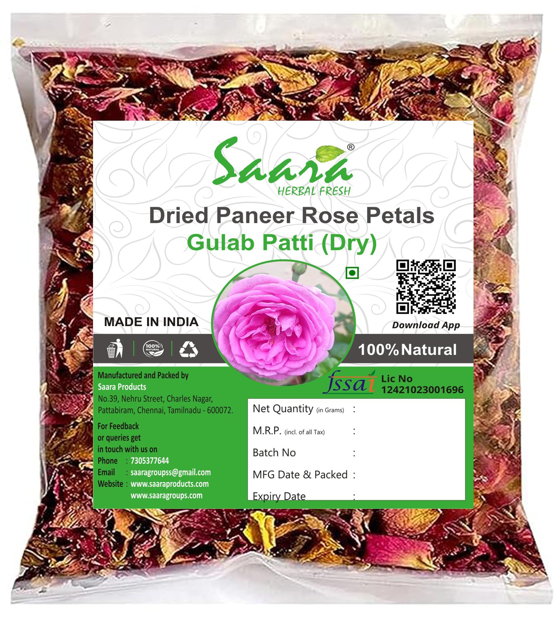 Saara HERBAL FRESH Sun Dried Paneer Rose Petals,100g, Gulab Patti, Herbal Tea, Rose Tea, Dried Rose leaves,(pack of 1 x 100g) (B0BK4P6MSG) Amazon Price History, Amazon Price Tracker