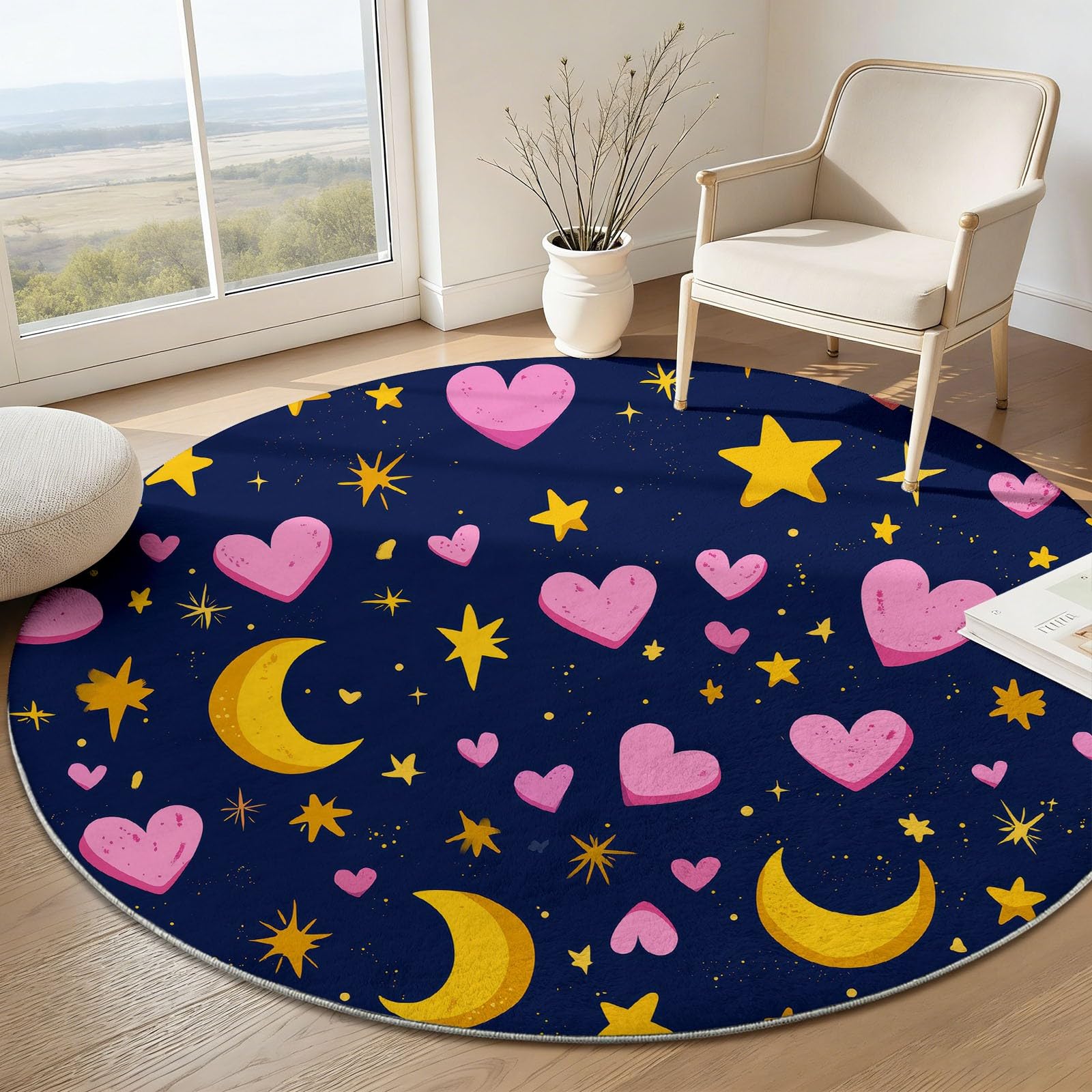 Générique Tapis Rond Salon Espace Cœur Lune, Tapis à Poils Courts de Sol Lavable Décoration Antidérapant pour Chambre Bébé Chambre Fille Chambre 100 cm, Dessin Animé