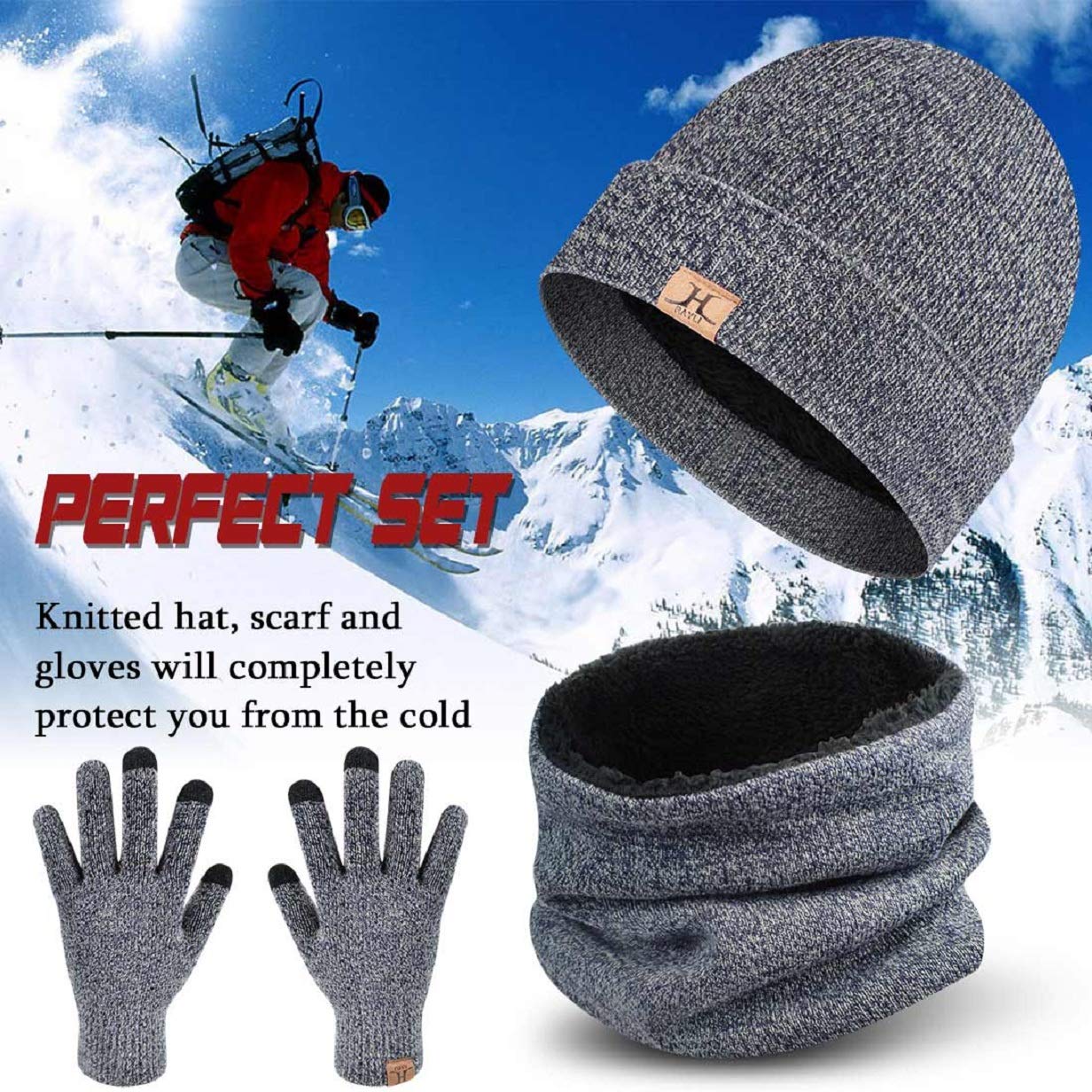 Tuopuda Cappello Uomo Invernali con Scaldacollo Berretto Donna e Sciarpa Set in Maglia a Fodera di Lana 3 Pezzi Cappelli Scaldacollo Guanti Touch Screen Winter Unisex Beanie Hat Set