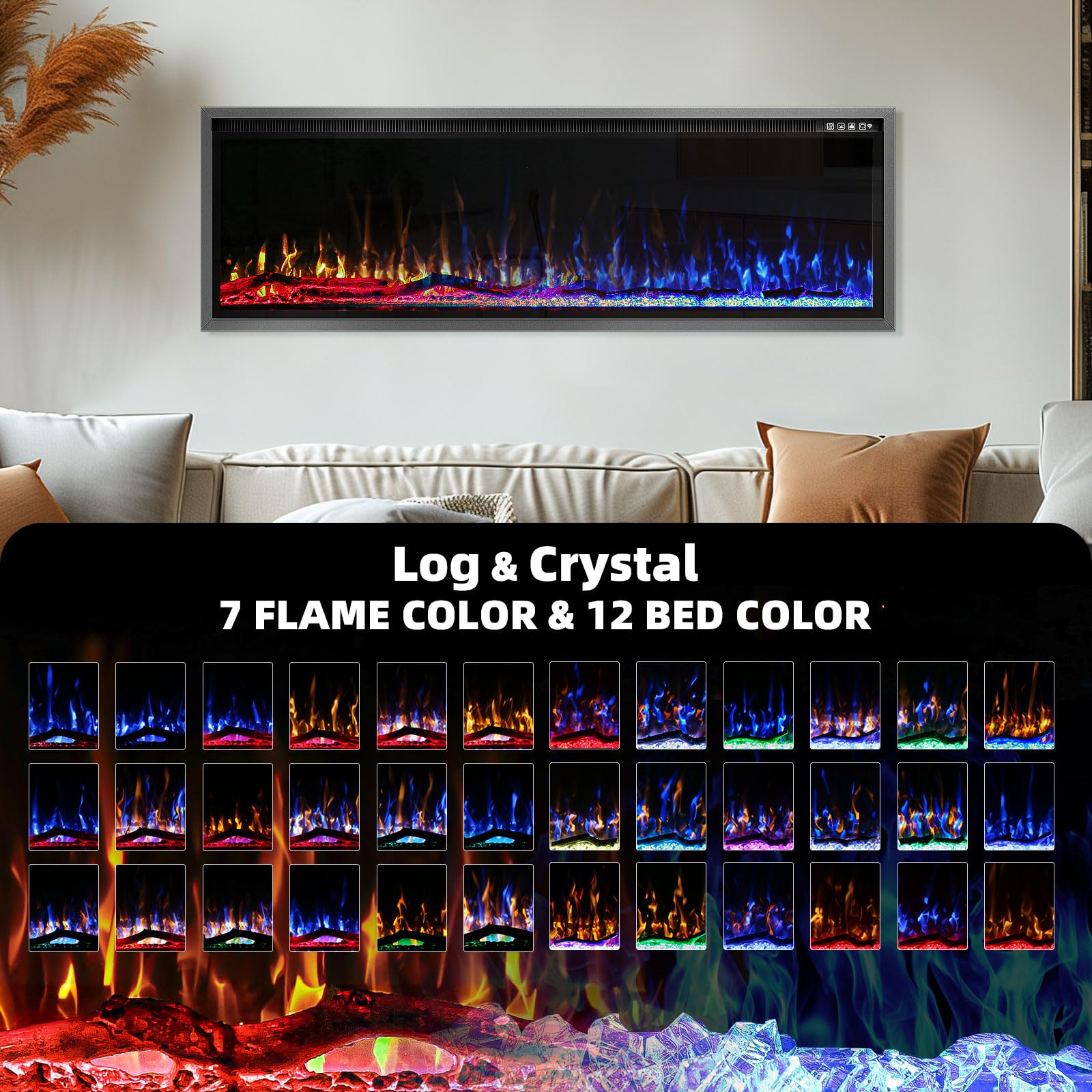 Kucreiheat 60 inch Electric Fireplace Inserts/Wall Mounted, Log & Crystal Option, Ultra Narrow Frame Fireplace-Wall Fireplace Electric w/Remote Control, Thermostat, Timer, 750w/1500w