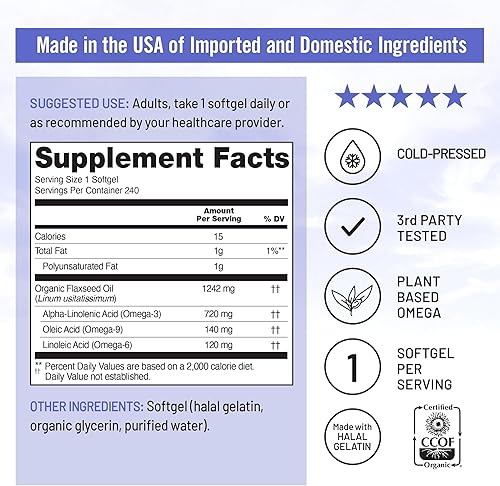 Miniatura 5 de NatureWise 1 Aceite de linaza de 1200 mg  orgánico, prensado en frío, 240 cápsulas blandas suministro de 240 días + 1 CoQ10 100mg + pimienta negra,