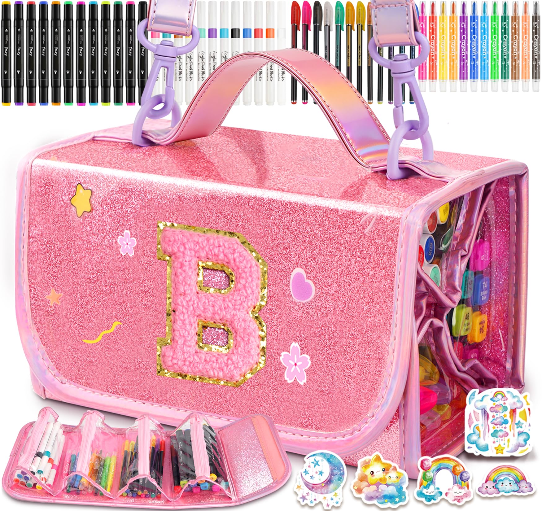 SHXWELL 69 PCS Initial Washable Scented Markers Set with Glitte Pencil Case Shoulder Strap, Personalized Art Supplies and Crafts for Kids Ages 4-6-8, Birthday Gifts for Girls Coloring Markers Set (B)