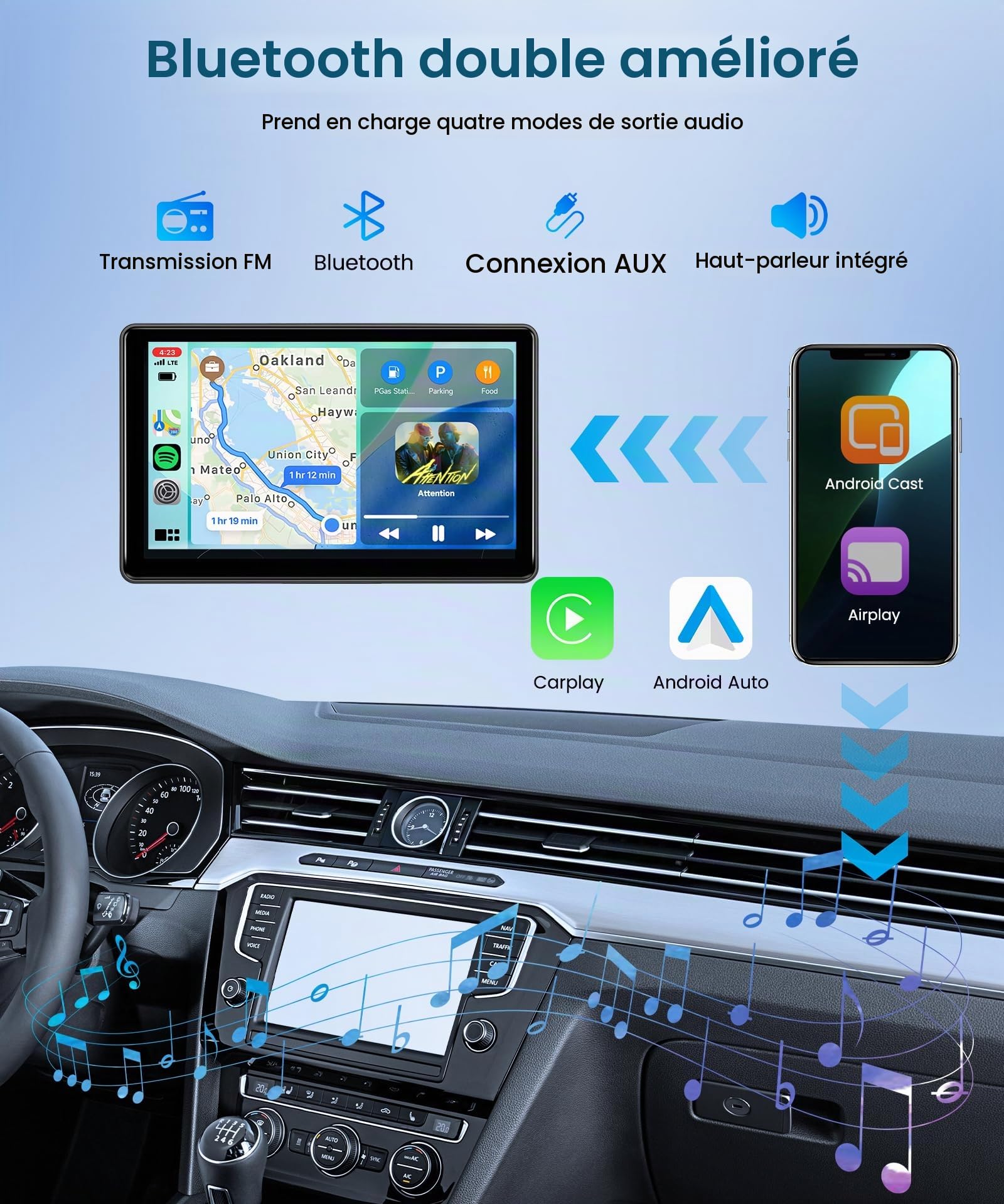 Podofo Autoradio Carplay et Android Auto sans Fil，Ecran Tactile HD Portable 7 Pouces Voiture Stéréo avec Bluetooth, Transmission FM, Airplay, Mirror Link