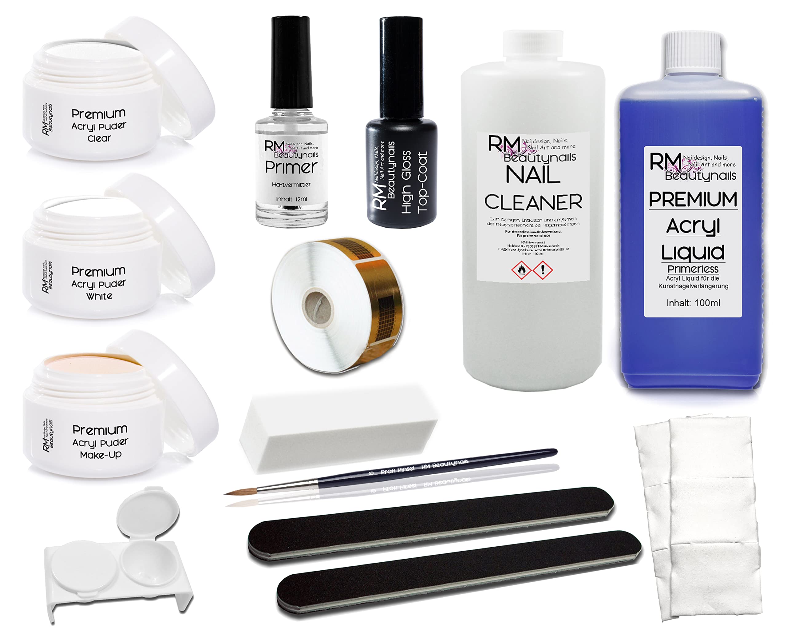 XL Acryl Set 4 3x 20g Acrylpuder Klar Weiß Make-Up 100ml Liquid 100ml Cleaner Pinsel Starterset Nagelset Acrylset