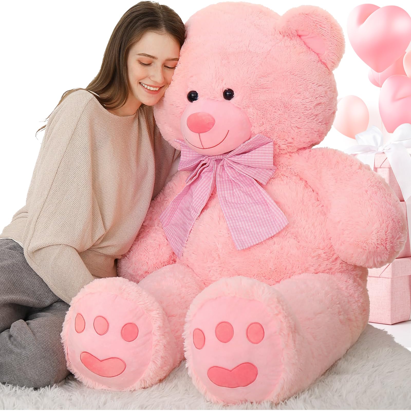 MorisMos 150 cm Teddy Bear Large XXL, Light Pink Giant Teddy Cuddly Bear Plush Bear with Cute Bow, Soft Gift for Girls Girlfriend