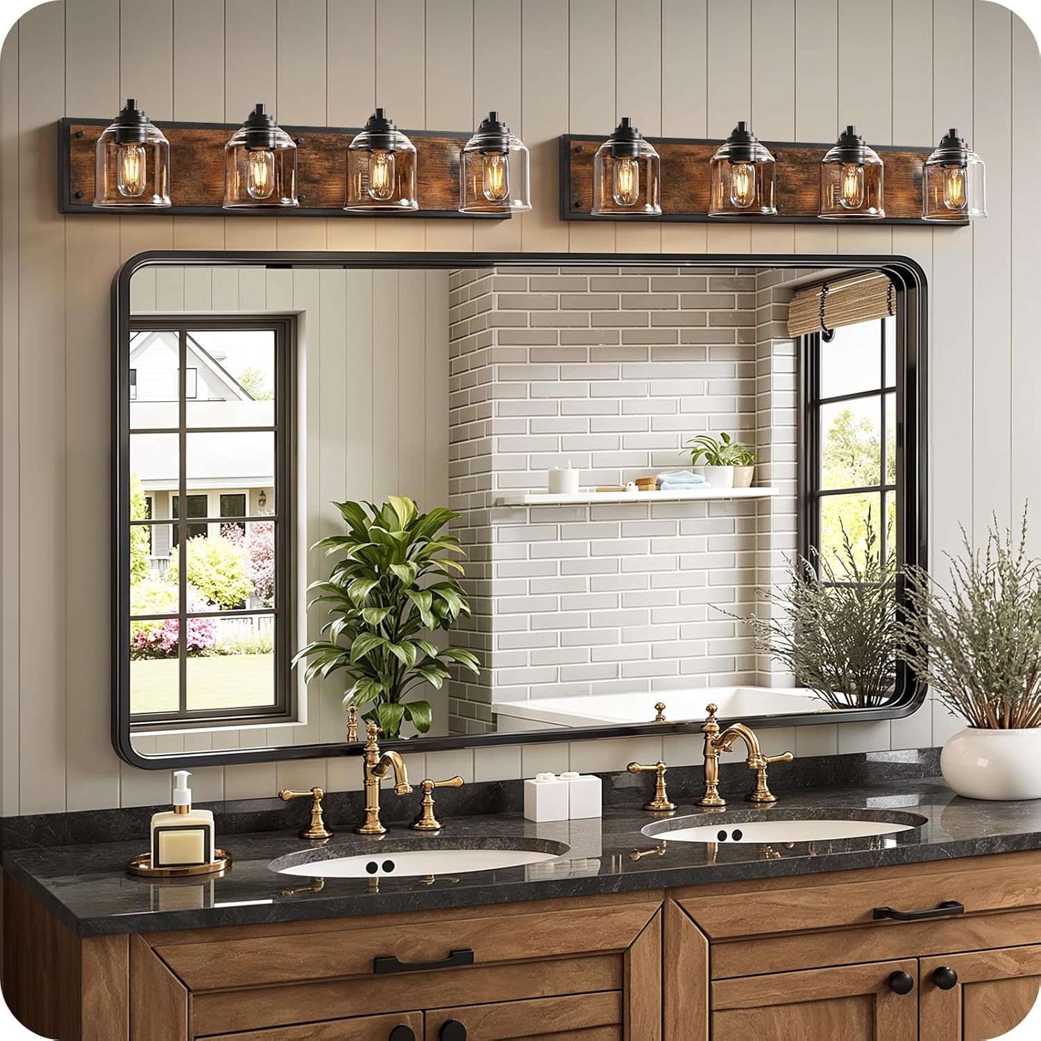 4-Light Bathroom Fixture, 31.5" Large Farmhouse Vanity Light, E26 Base (Bulbs Not Included), Thickened Glass Shade, for Bathroom, Bedroom, Vanity, Hallway, Rustic Brown and Black F18BD05
