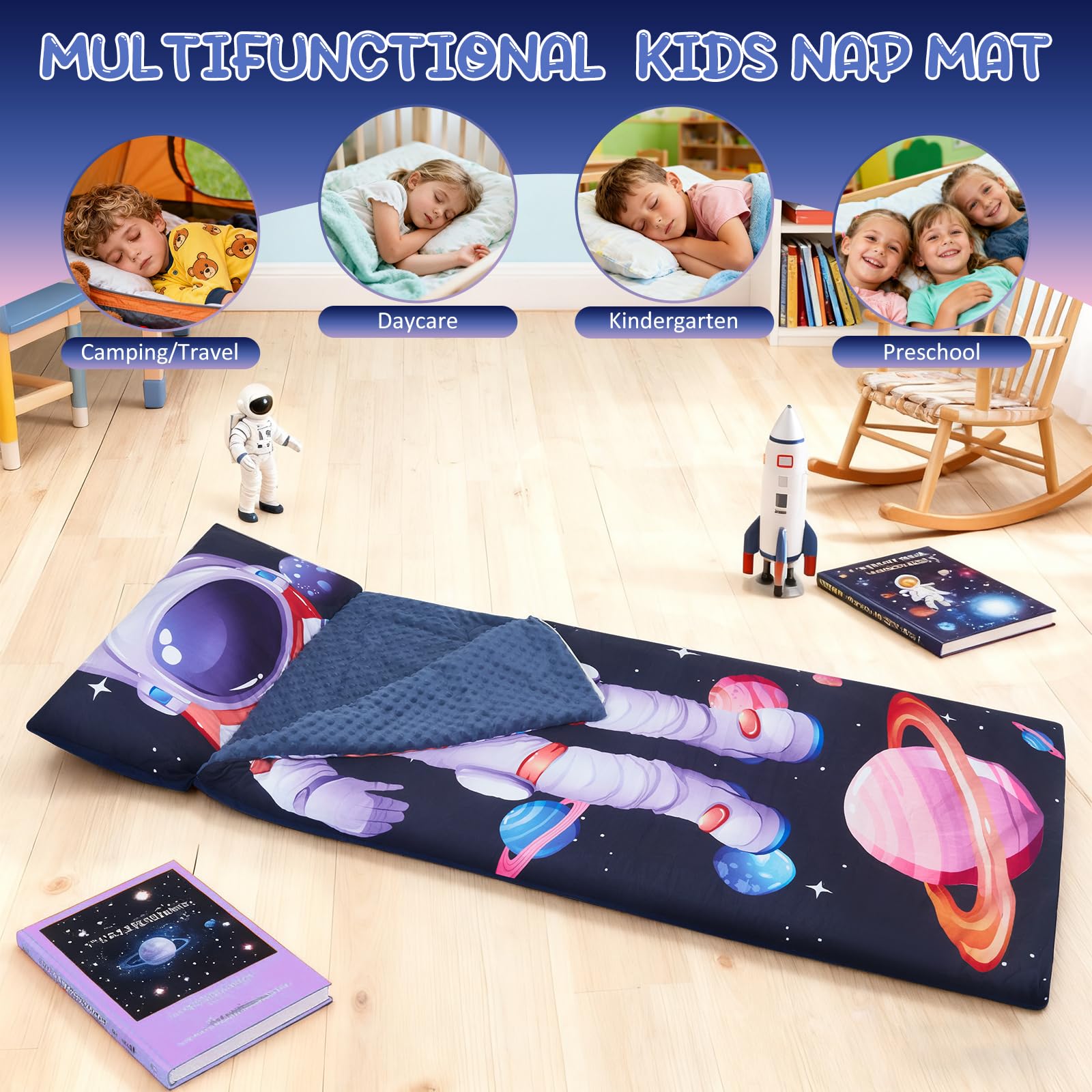 Saco de Dormir Infantil para Niños y Niñas 3-8 Años (120x60 cm), de Algodón con Forro Polar, Ligero y Cálido con Almohada Desmontable, para Guardería, Viaje y Camping