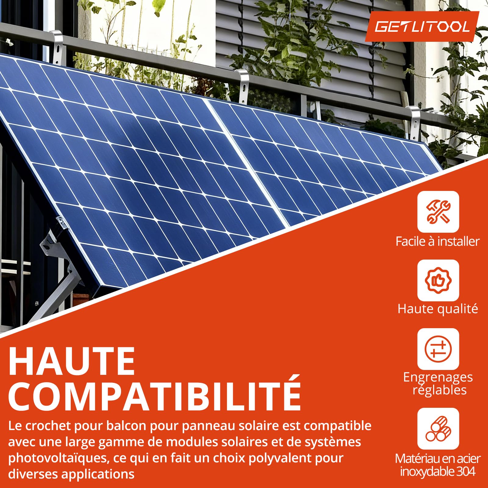 GETLITOOL 4PCS Crochets Balcon Solaire Inox 304 Fixation Panneau Solaire sans Perçage,Crochets de Fixation pour Balcon/Toit/Garage,Crochets de Montage de Panneaux Solairesrobustes