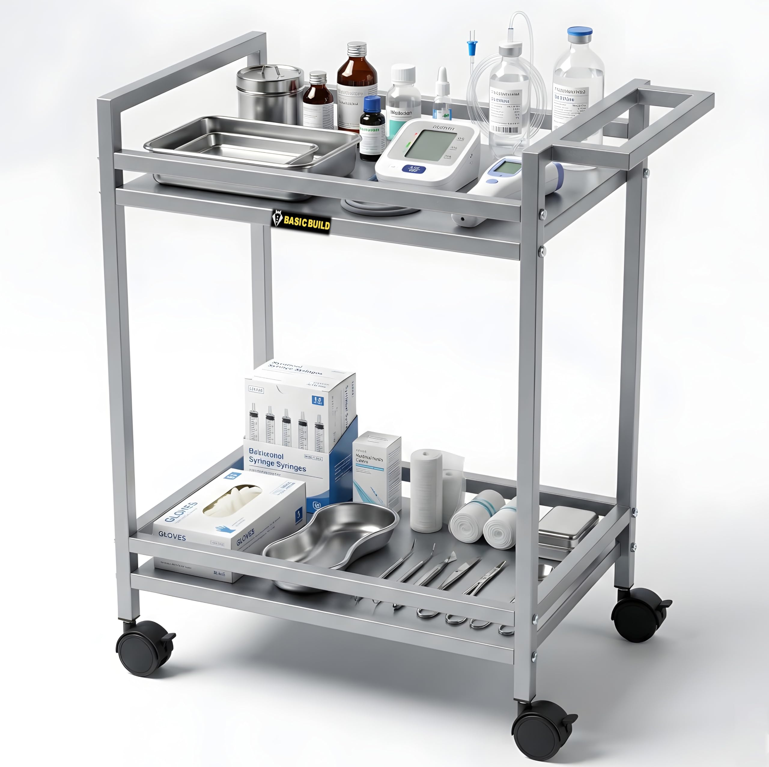 Basic Build Heavy Duty Medical Rolling Trolley, 2 Tier Metal Hospital Cart for Medicines, Instruments & Clinical Equipment | Silver-picture-13