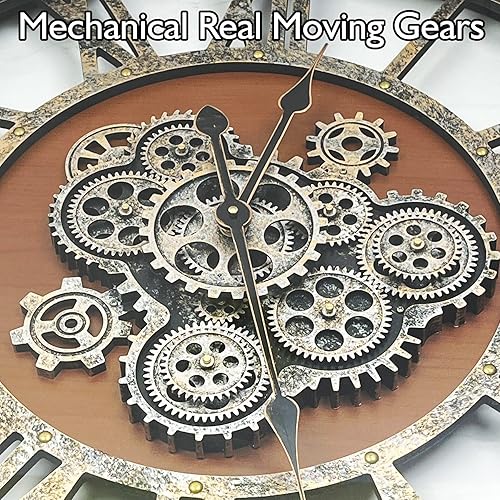 Miniatura 10 de DORBOKER Reloj de pared grande con engranajes móviles reales de 27 pulgadas con cubierta de vidrio templado, reloj de madera gigante de granja,