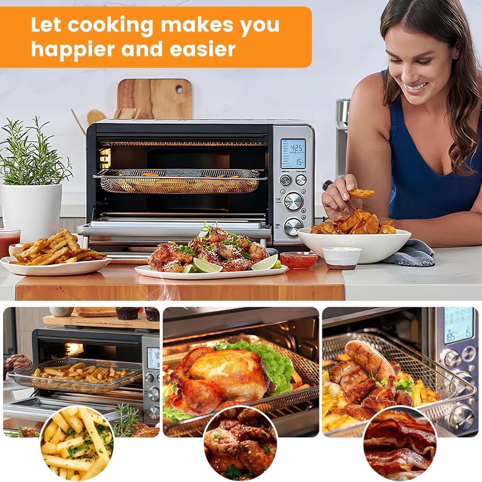 3 PZ Air Fryer Cesto per Breville BOV900BSS Smart Oven Air Fryer Pro, 16.5 "D x 11.8" W x 1.1 "H Food Grade Steel Mesh Baskets Accessori Vassoio per Breville Air Fryer Tostapane Forno