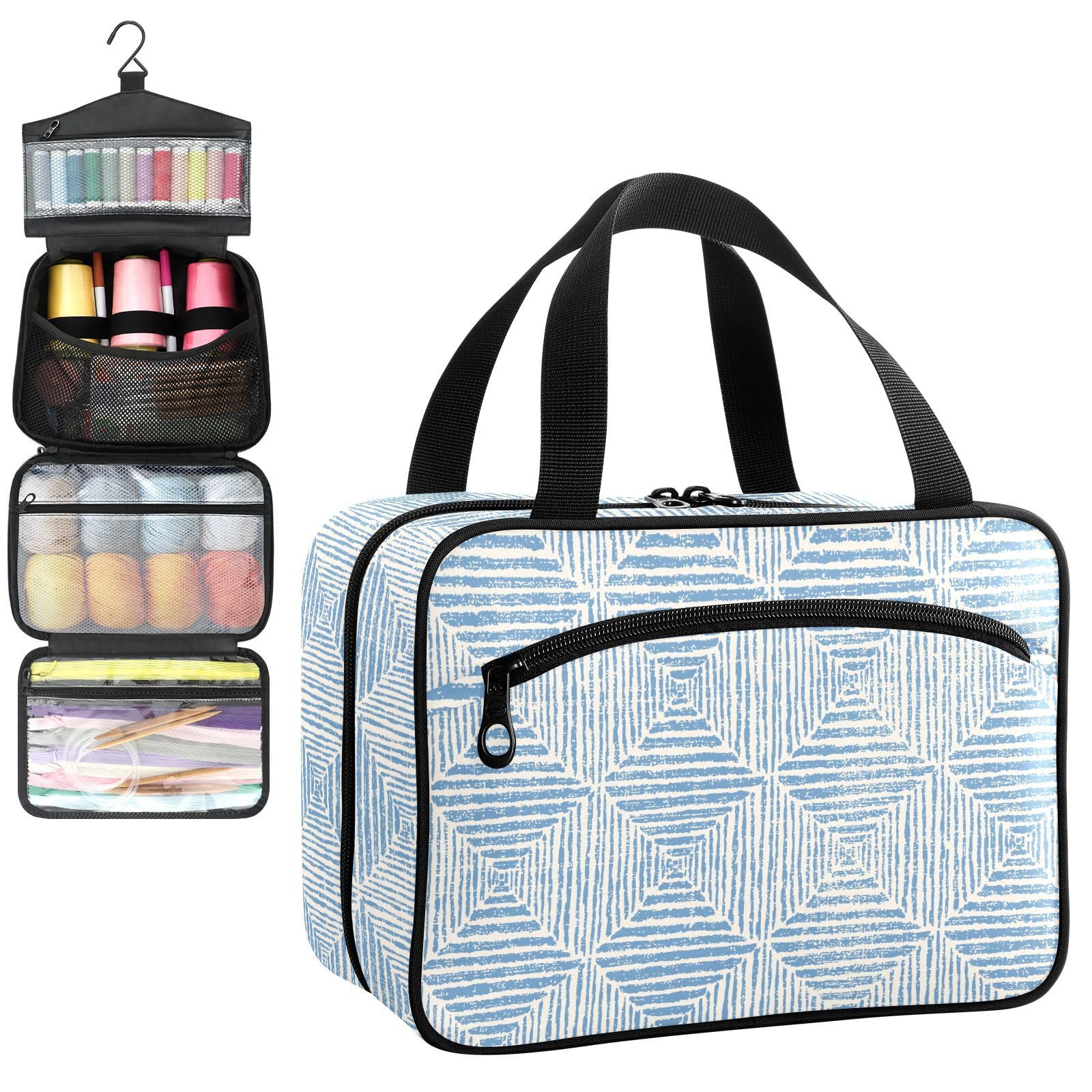 YNNALE Sewing Supply Organizer Bag, Light Blue Abstract Stripe Portable Sewing Bags with Pockets&Hanger, Sewing Storage Box Case for Sew Supplies/Kit/Tools/Accessories (BAG ONLY)