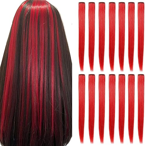 14 extensiones de cabello con clip de color rojo intenso, extensiones de cabello lacio con clip para mujer, multicolores con reflejos de fiesta