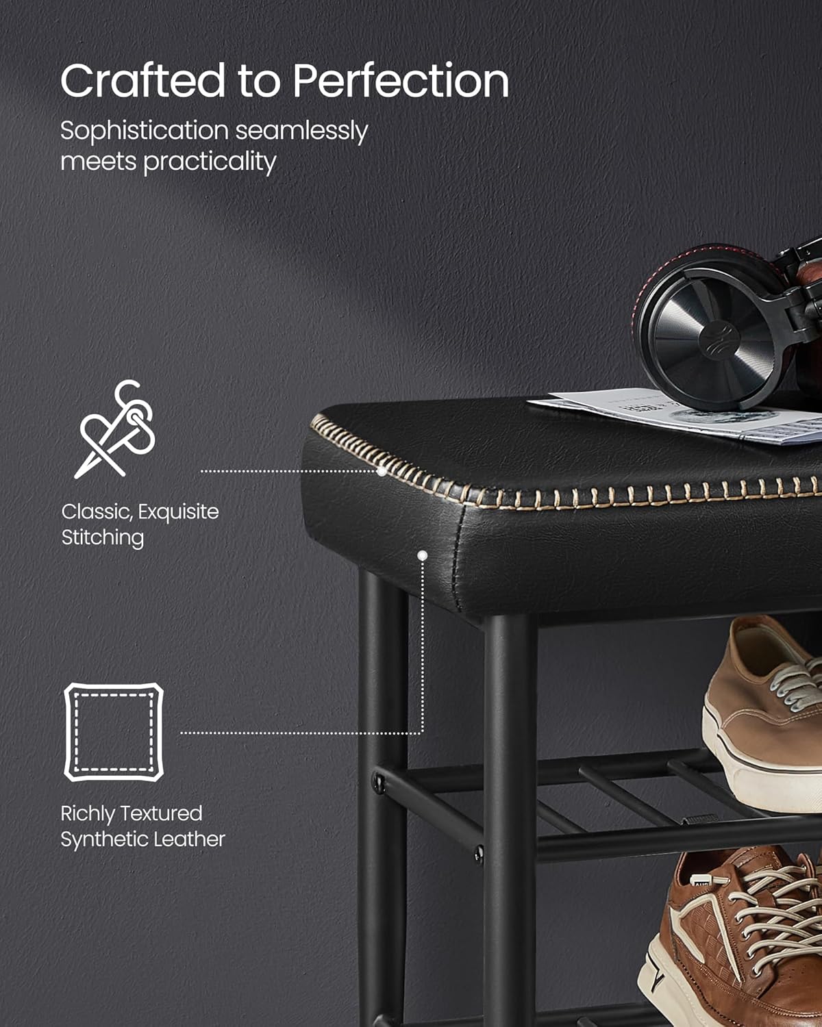 VASAGLE EKHO Collection - Shoe Bench, Storage Bench, Shoe Rack Bench Entryway, Synthetic Leather with Stitching, Mid-Century Modern, Loads 135 kg, 30 x 80 x 50 cm, Ink Black ULSB054B01 - Image 5