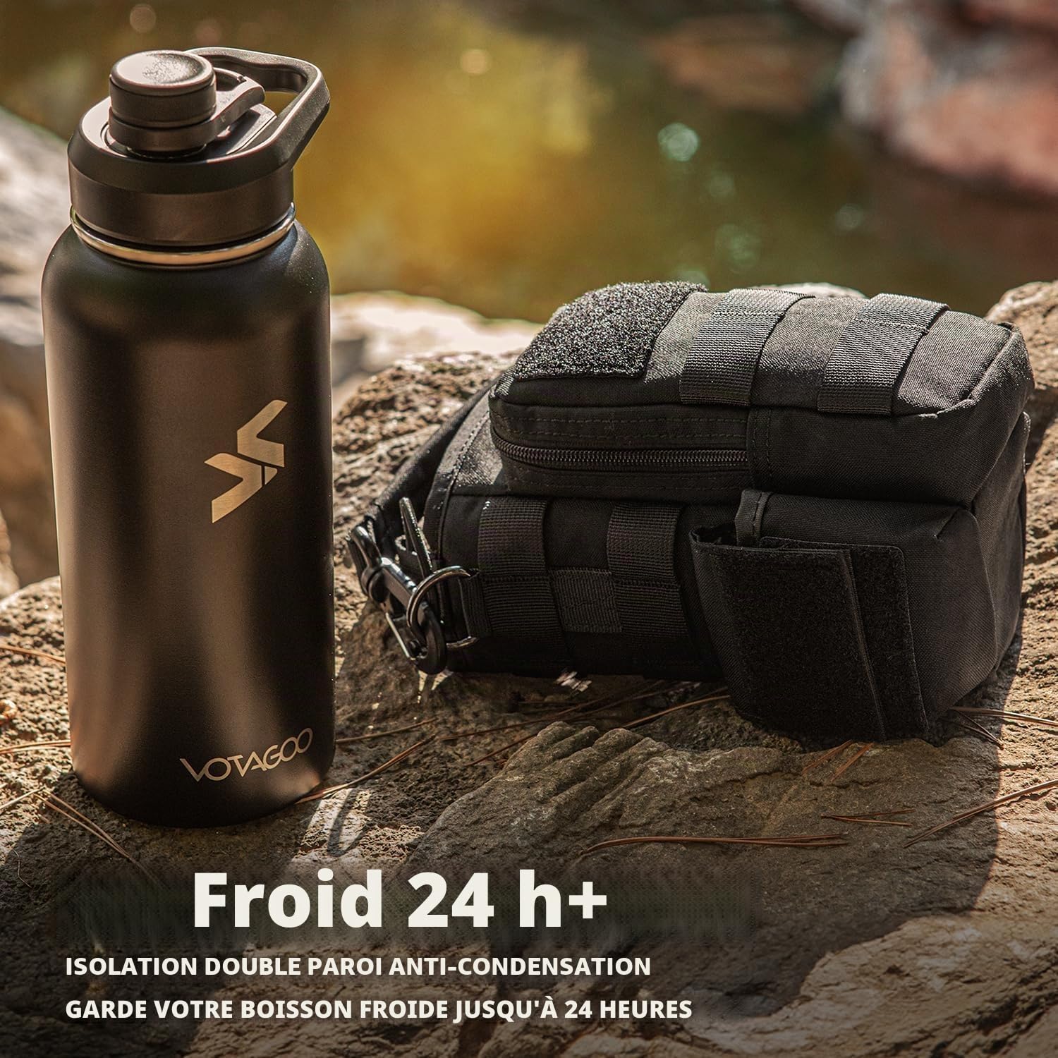 Bouteille d'eau tactique en acier inoxydable - Bouteille isotherme pour l'extérieur, la randonnée, le camping, la chasse - 32 oz - Noir
