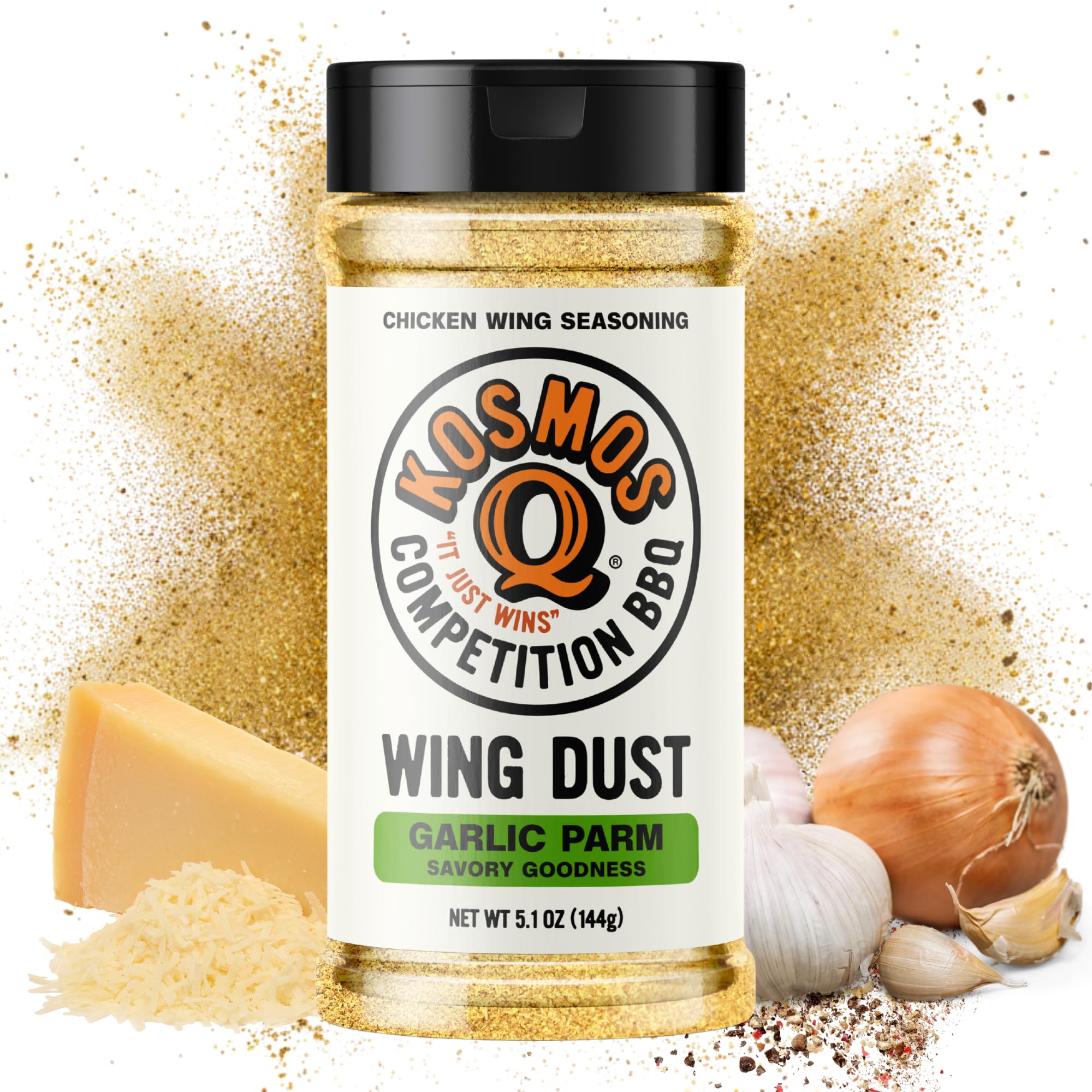 Kosmos Q Garlic Parmesan Wing Dust, Real Garlic & Parmesan Cheese Chicken Wing Seasoning Powder For Chicken, Fries, Popcorn & More, Dry Rub Dust, Great for Grilling & Smoking, 5.1 Oz Shaker Bottle