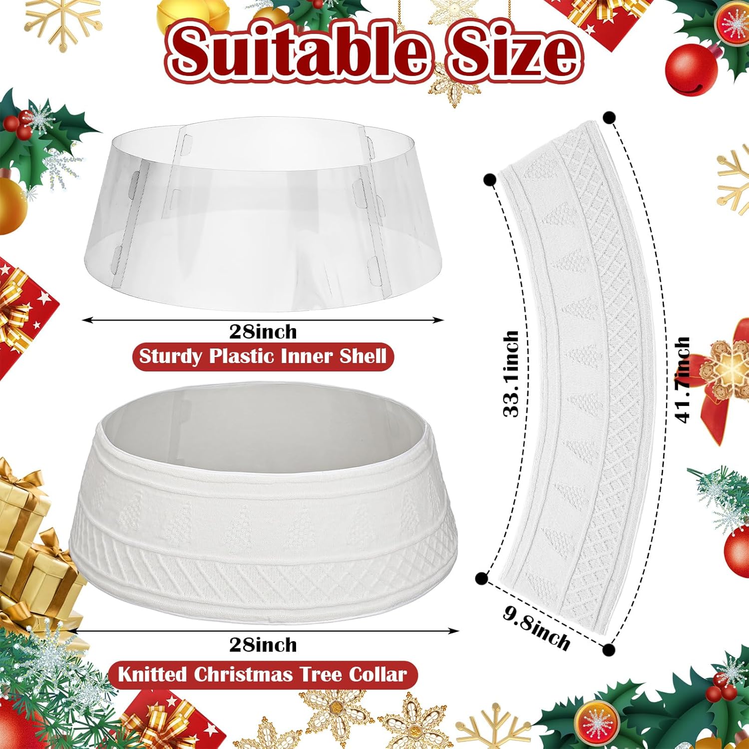 VioraWhite 28 Inch Christmas Tree Collar, Neutral Chunky Cable Knit Tree Base Cover Ring Skirt, Rustic Farmhouse Basket Collar for Xmas Home Office Holiday Decor, Fits 4-6 ft Trees(White)