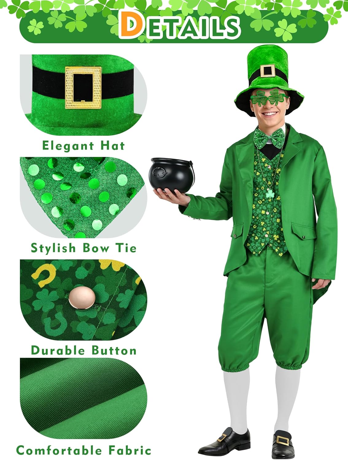 SOMSOC 10 Pieces Men's St Patrick's Day Costume with Shamrock Accessories Clover Glasses Top Hat for Adult Irish Party - Image 3