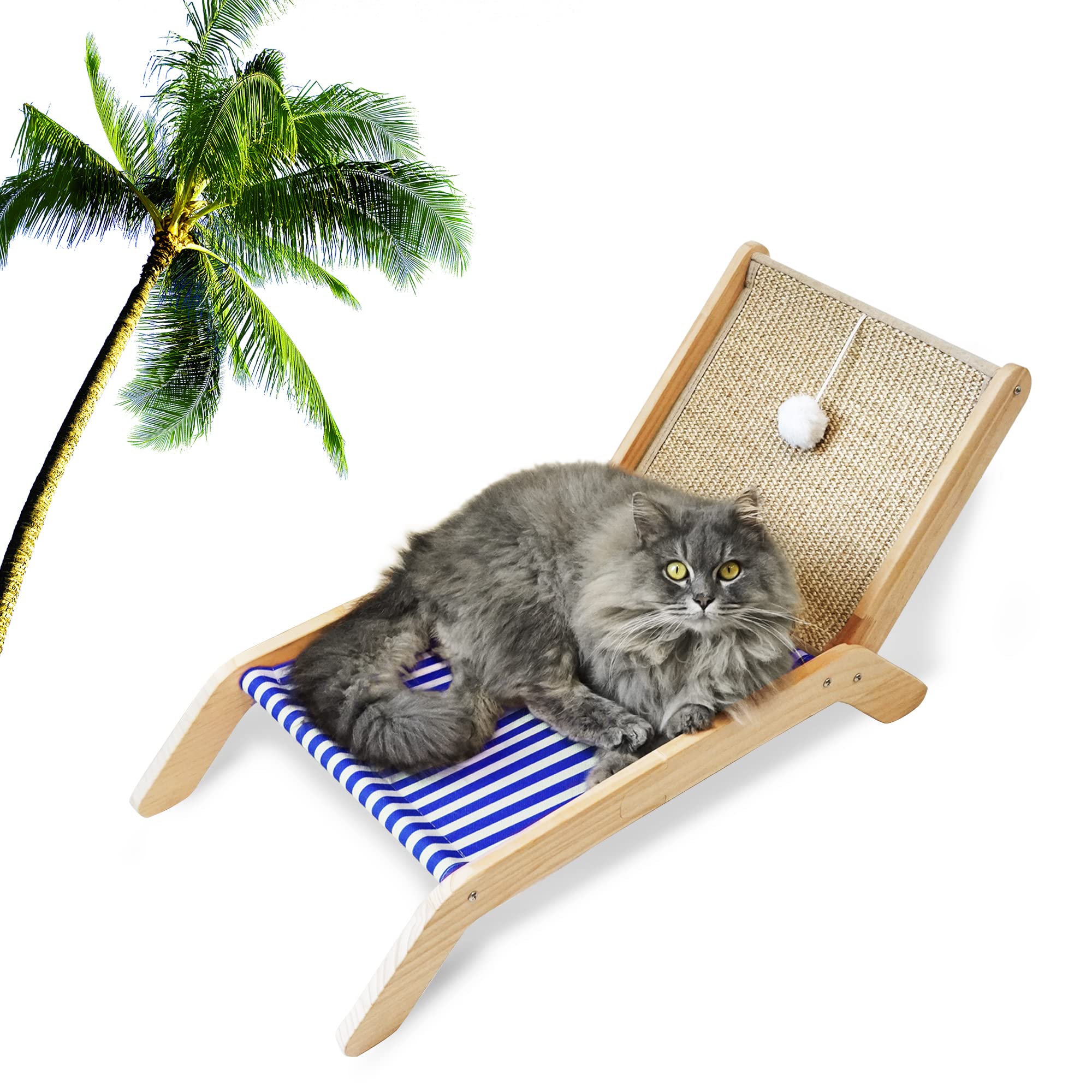 PETKARAY Silla de playa para gatos, camas elevadas para gatos de interior, tumbona acogedora original con rascador de sisal y bola de juguete