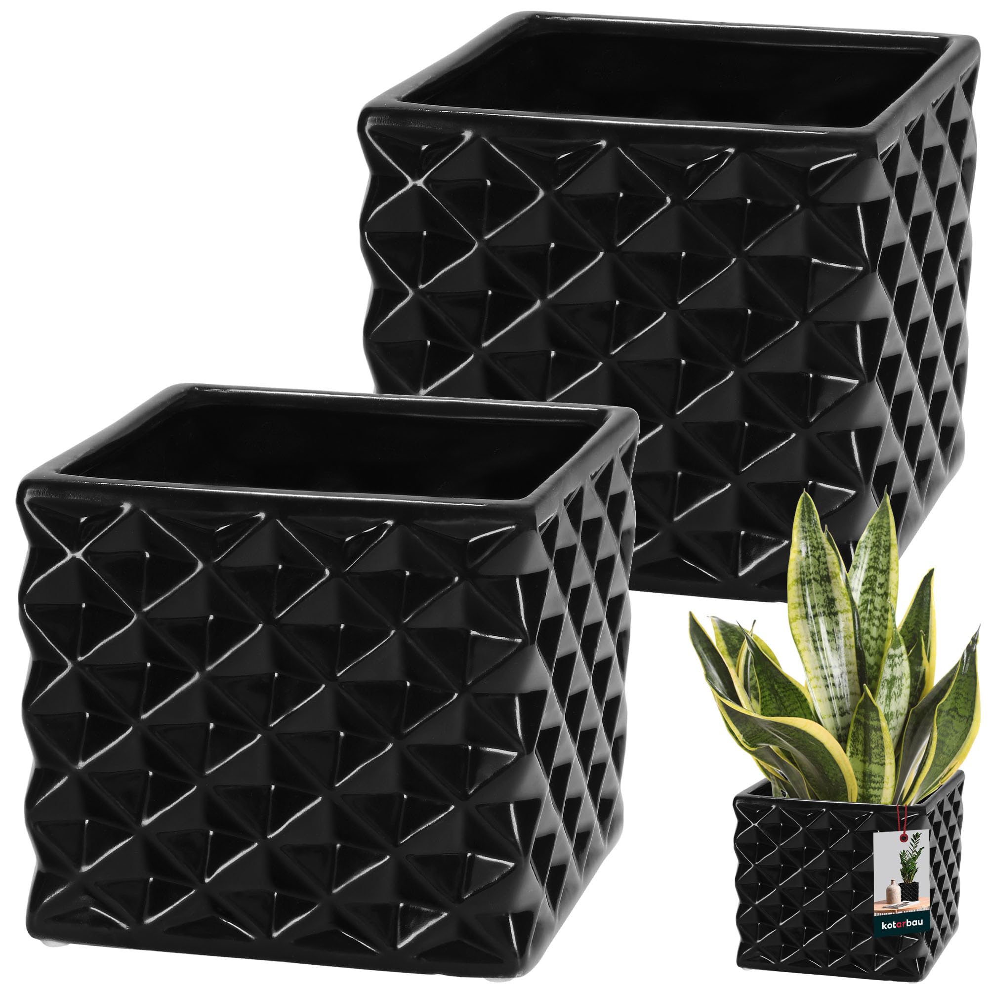Kotarbau Black Kotarbau® Set Of 2 Flower Pots, Ceramic, Glazed Square, 14 X 14 Cm, Height 13 Cm, Planters For Indoor Plants, Orchids & Succulents Pot, Plants, Flowers, Planter, Flower Pot, Square