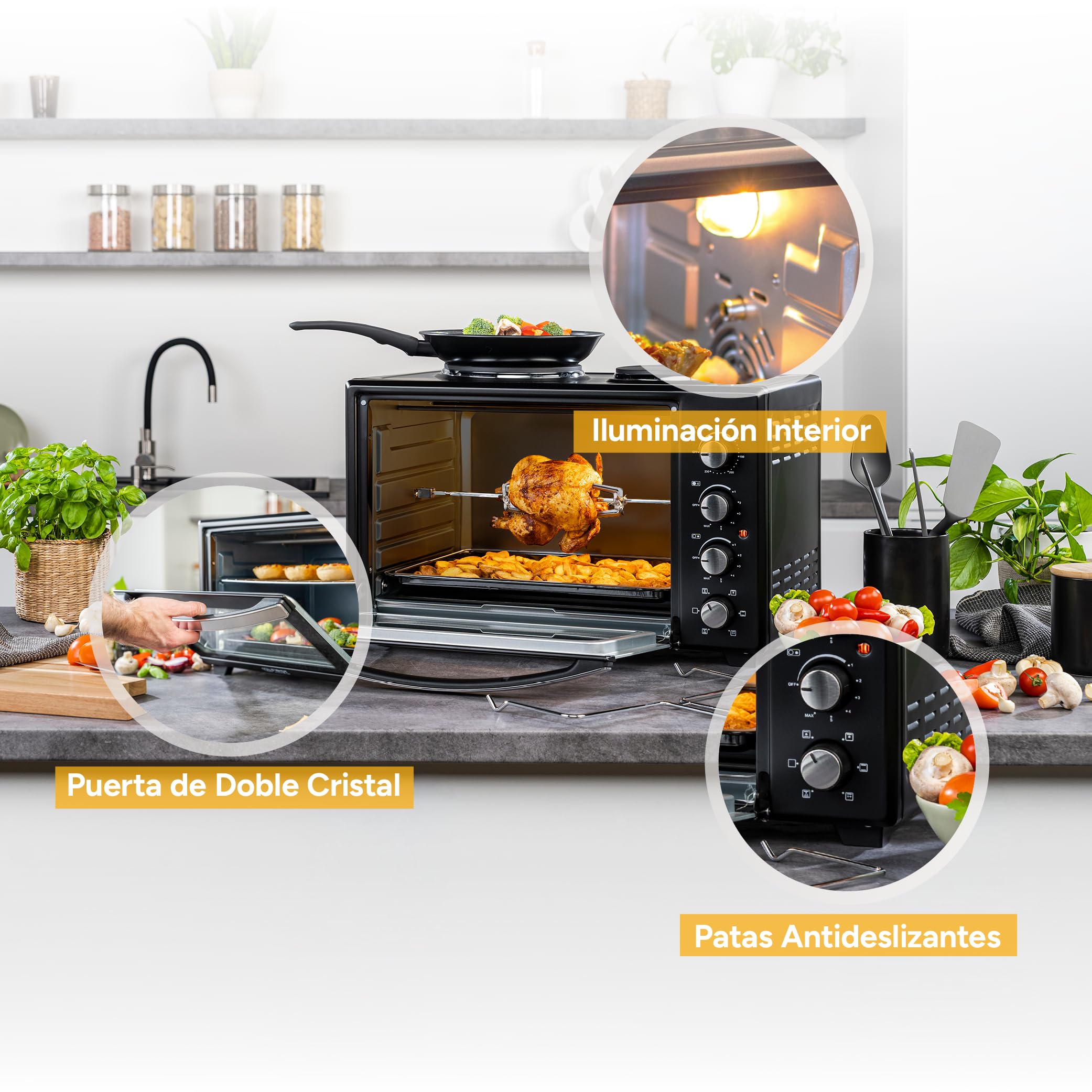 TZS First Austria - Mini Horno con quemadores 60L 3200 W - Minihorno para pizza con placas hasta 230°C y 6 modos de calentamiento - Multihorno con 4 alturas de inserción y accesorios de calidad