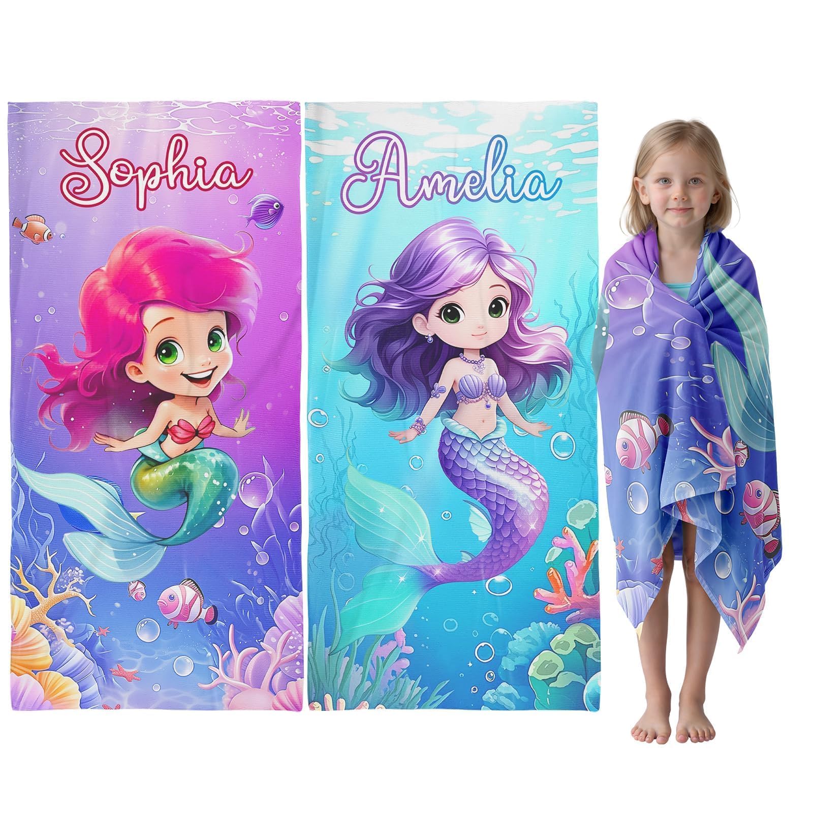 Infiher Personalised Beach Towels for Kids,Custom Kids Monogrammed Towels with Name,Customised 280gsm-420gsm Thick Soft Absorbent Beach Towel for Swim,Bath,Pool,Gifts,Girls Mermaid Towel(2 Styles) โ image 1
