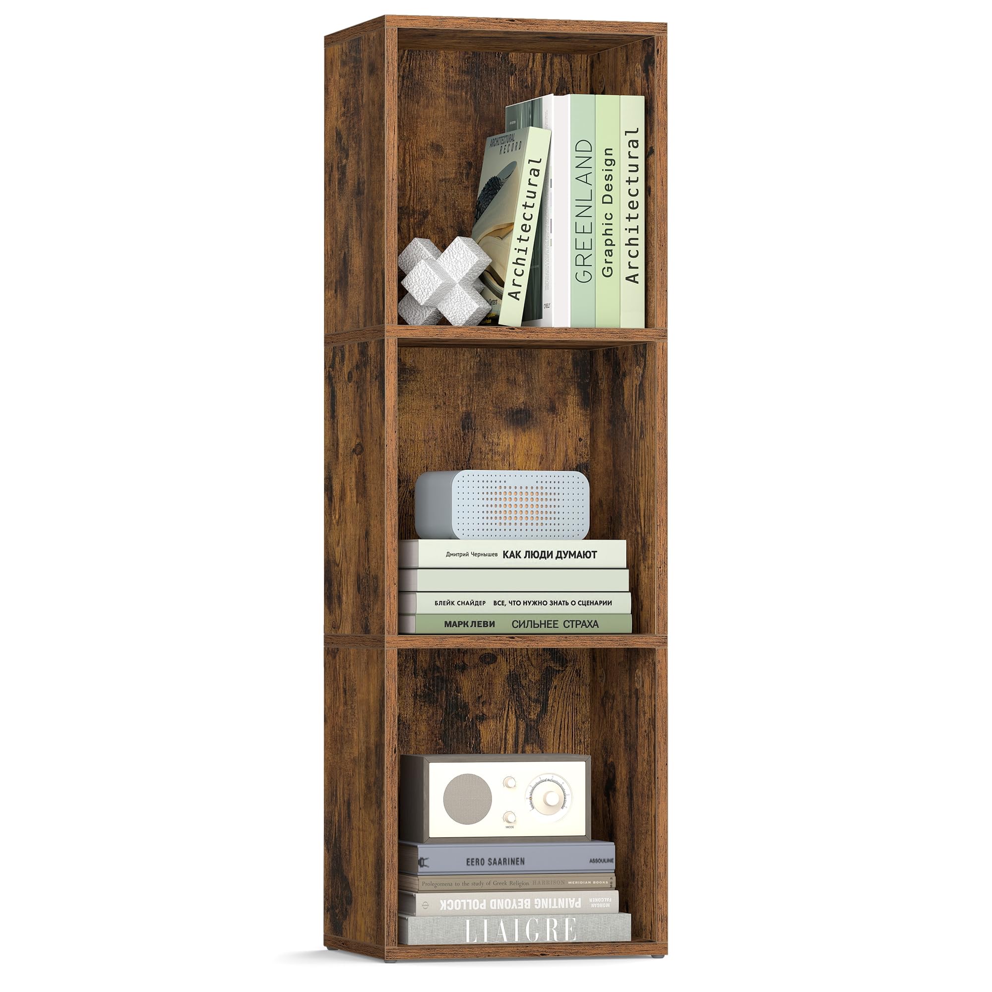 VASAGLE CUSTOS Collection - Bookshelf, 3-Tier Cube Bookcase, Storage Shelving Unit, Display Shelf, Open Compartments, 24 x 30 x 94.8 cm, Living Room, Home Office, Bedroom, Rustic Brown LBC433K01