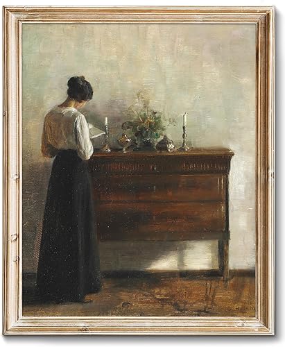 RETRART Lienzo decorativo danés vintage para pared, retrato de lectura de mujer, pintura al óleo, impresión estética de academia oscura, póster
