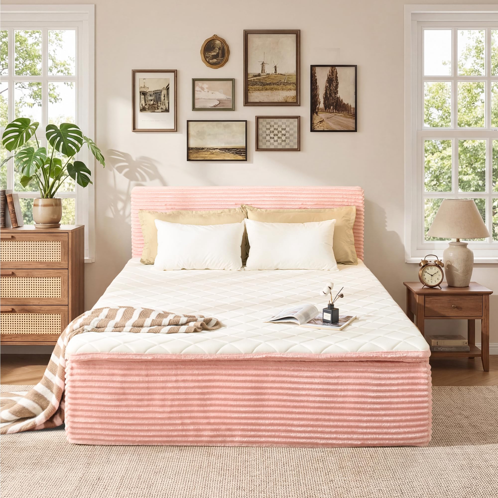 Queen Boneless Bed Frame with Mattress, 16 Inch Memory Foam Mattress with Plush Fabric Upholstered Bed Frame Platform, No Assembly Required,Cool Night &amp; Relieve Pressure with Medium Support, Pink