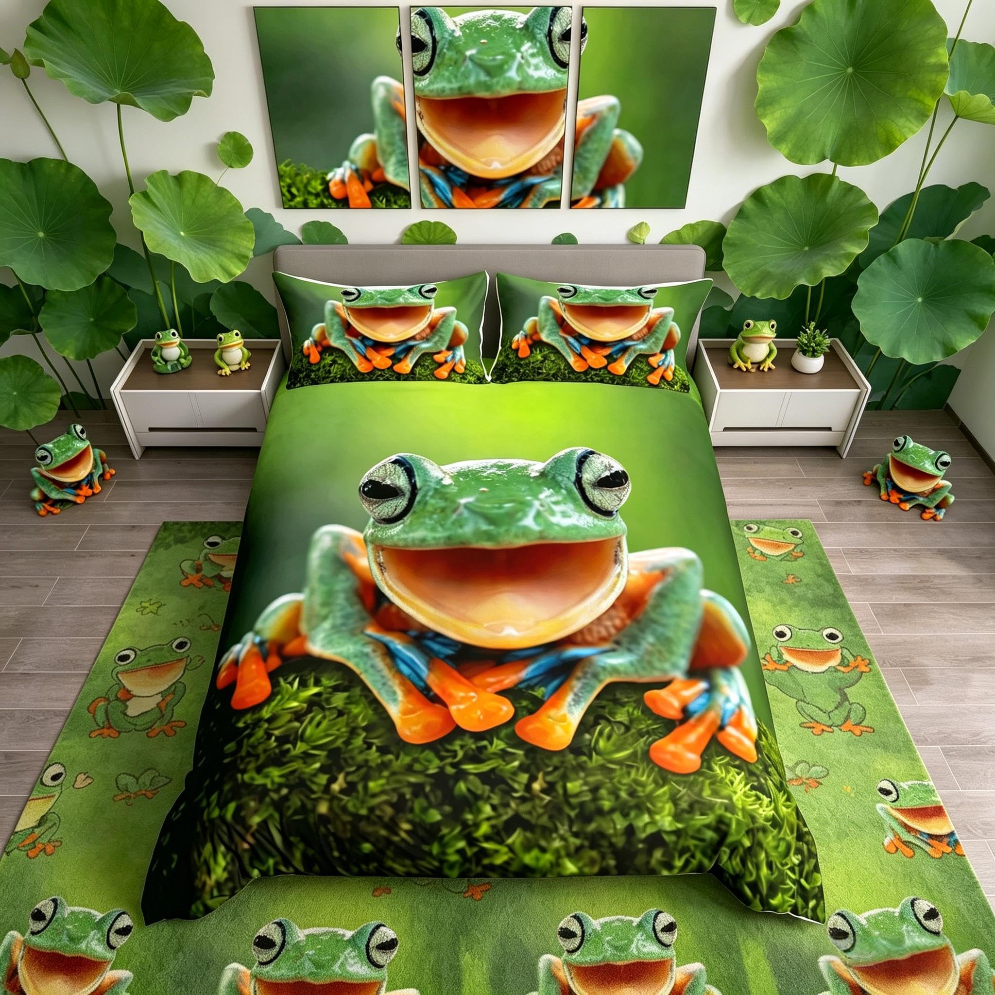 Loussiesd Frog Bedding Set Tropical Amphibian Duvet Cover 3D Animal ThemeComforter Cover for Children Kids Boys Girls Tropical Rain Forest Nature Bedspread Cover Room Decor Bedclothes Single