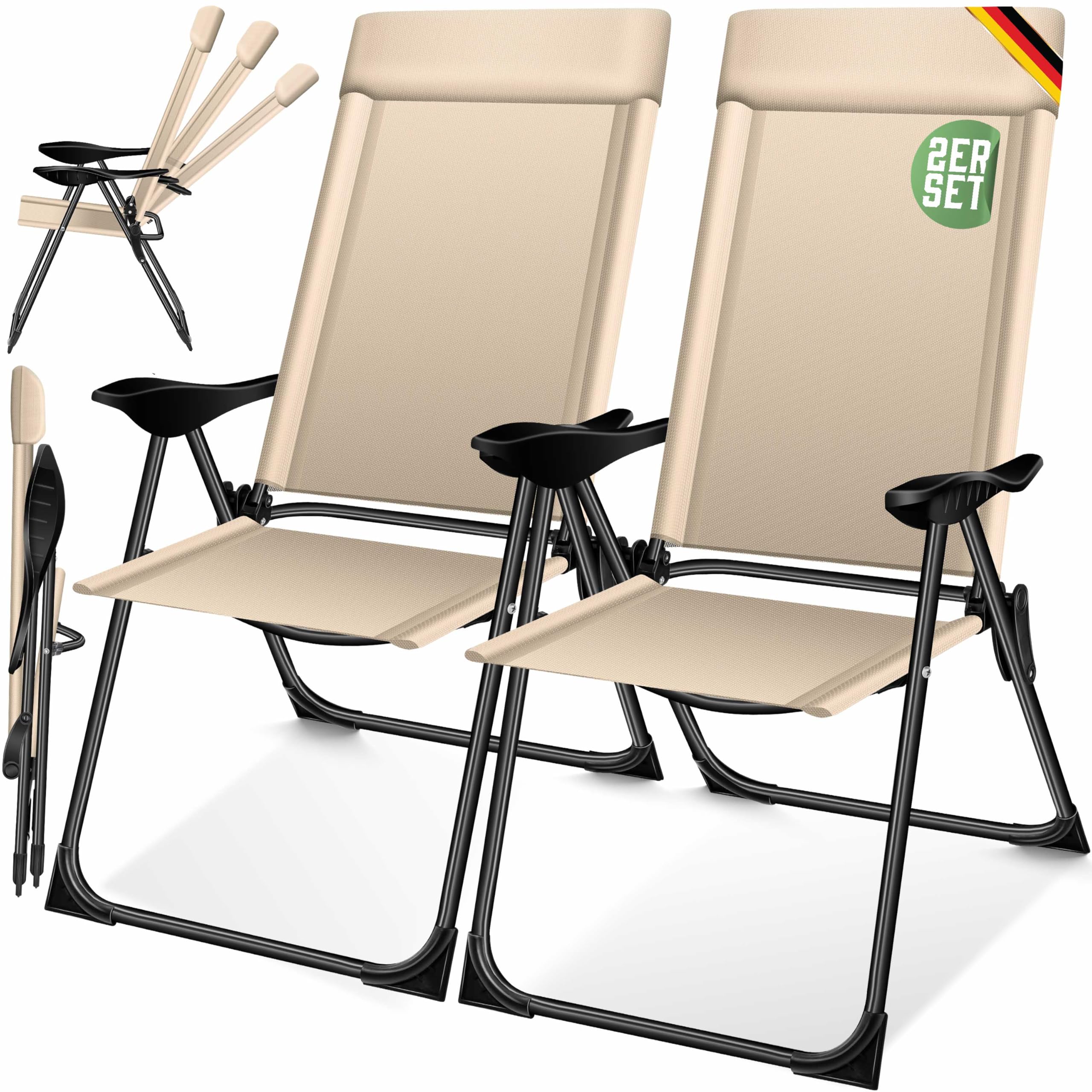 KESSER® Juego de 2 Sillas de Jardín Plegables de Aluminio con Respaldo Alto Ajustable 7 Posiciones, Apoyabrazos Transpirables, Portátiles, Silla de Camping para Jardín y Terraza, Beige